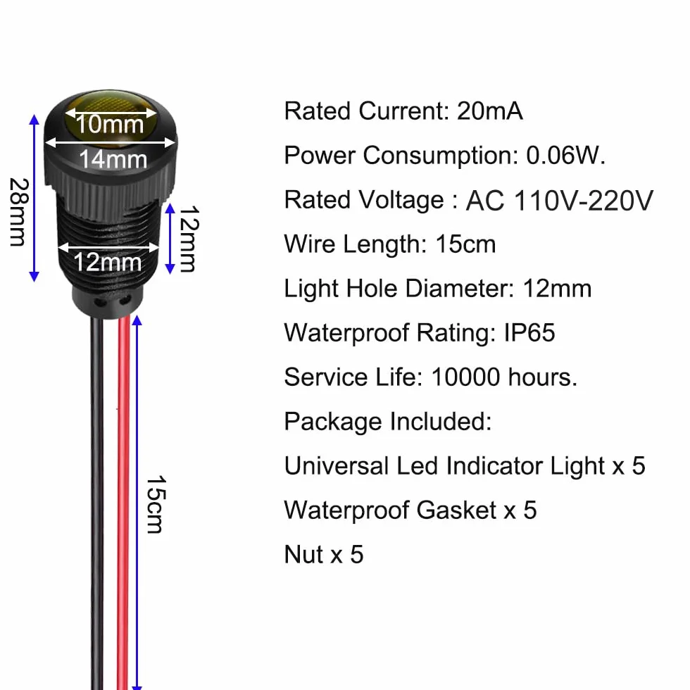Gebildet 5pcs LED in plastica Indicatore luminoso 220V Dimensione foro di montaggio 12mm(Arancione)