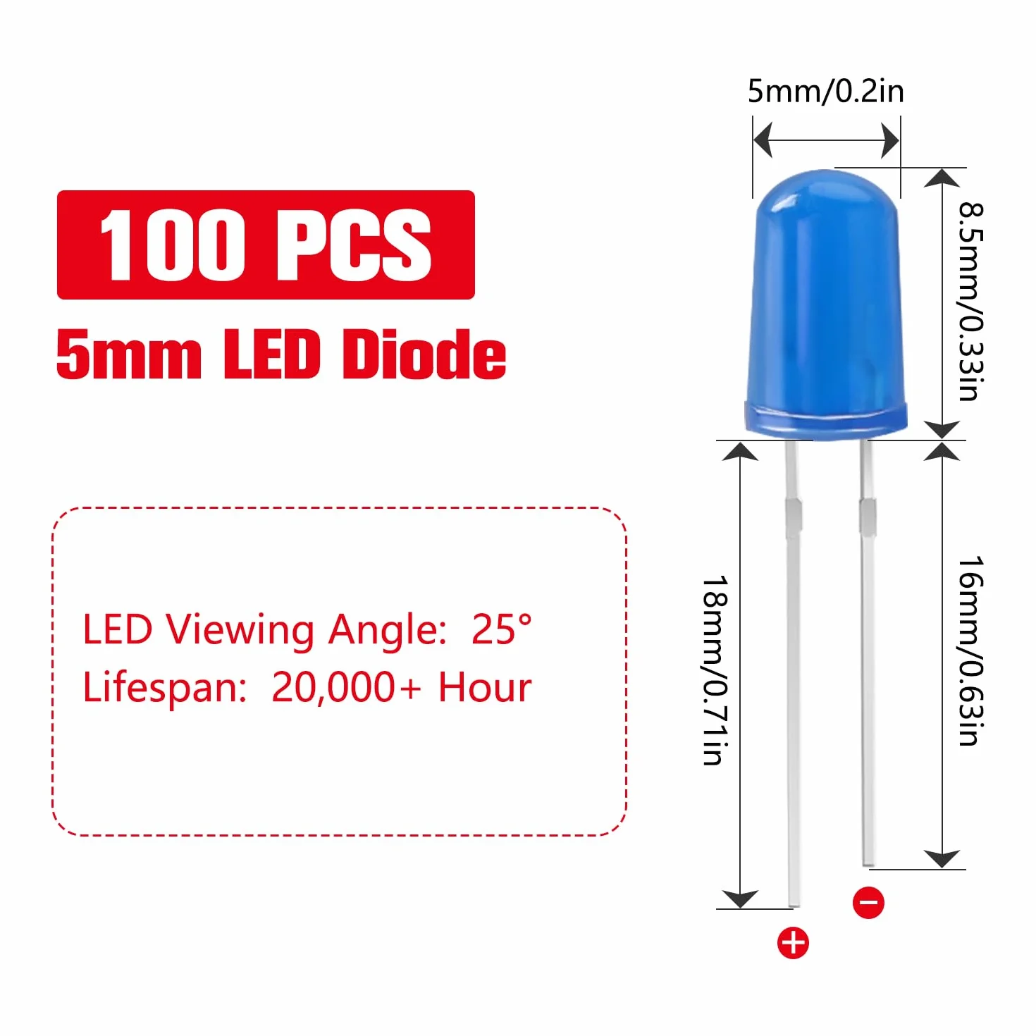 YIXISI 100 Pezzi 5mm LED Diodo Emettitore di Luce Blu, Testa Rotonda 2 Pin