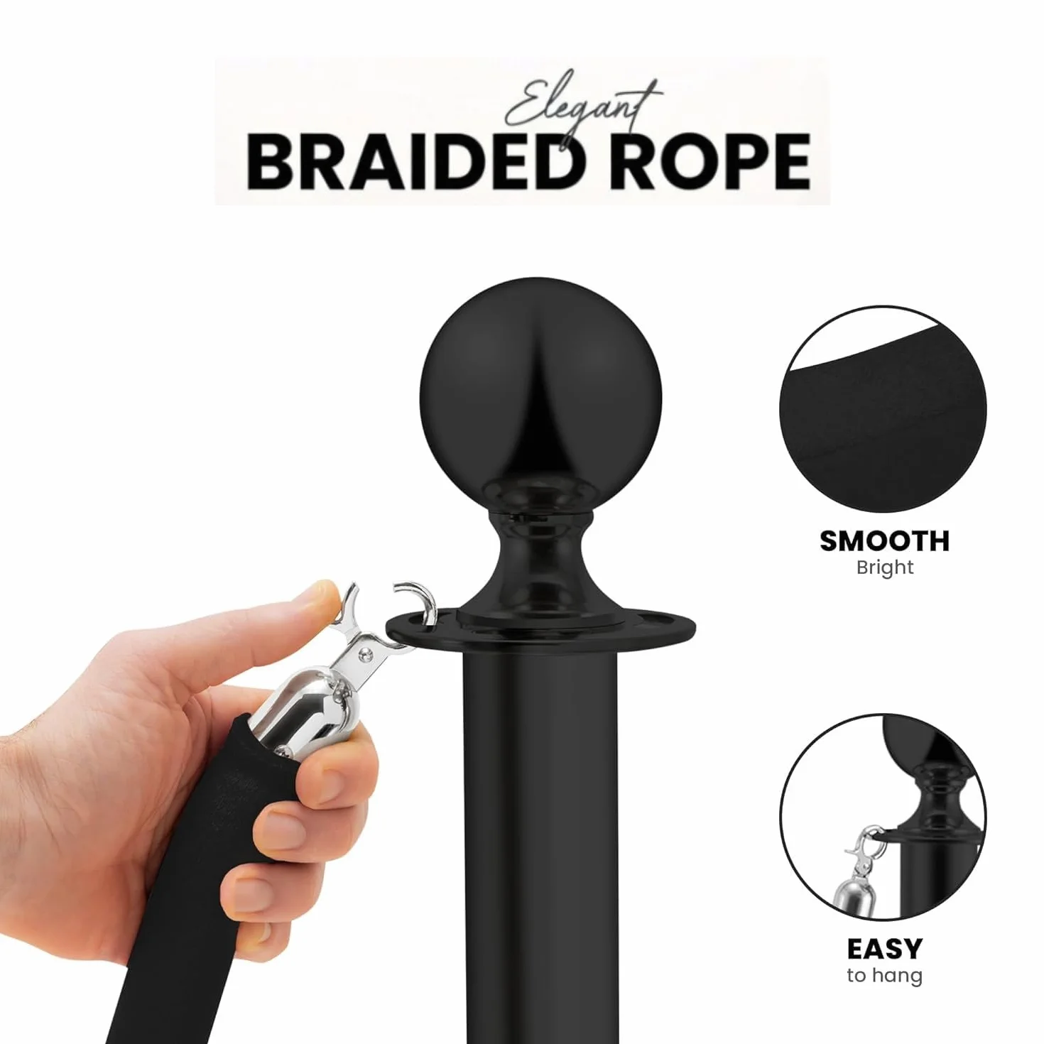 Pali distanziatori in acciaio inox nero, 2 pezzi, 90 cm di altezza, con corda nera da 1,5 m, connessione a 4 vie, base da 31 cm di diametro, controllo della folla