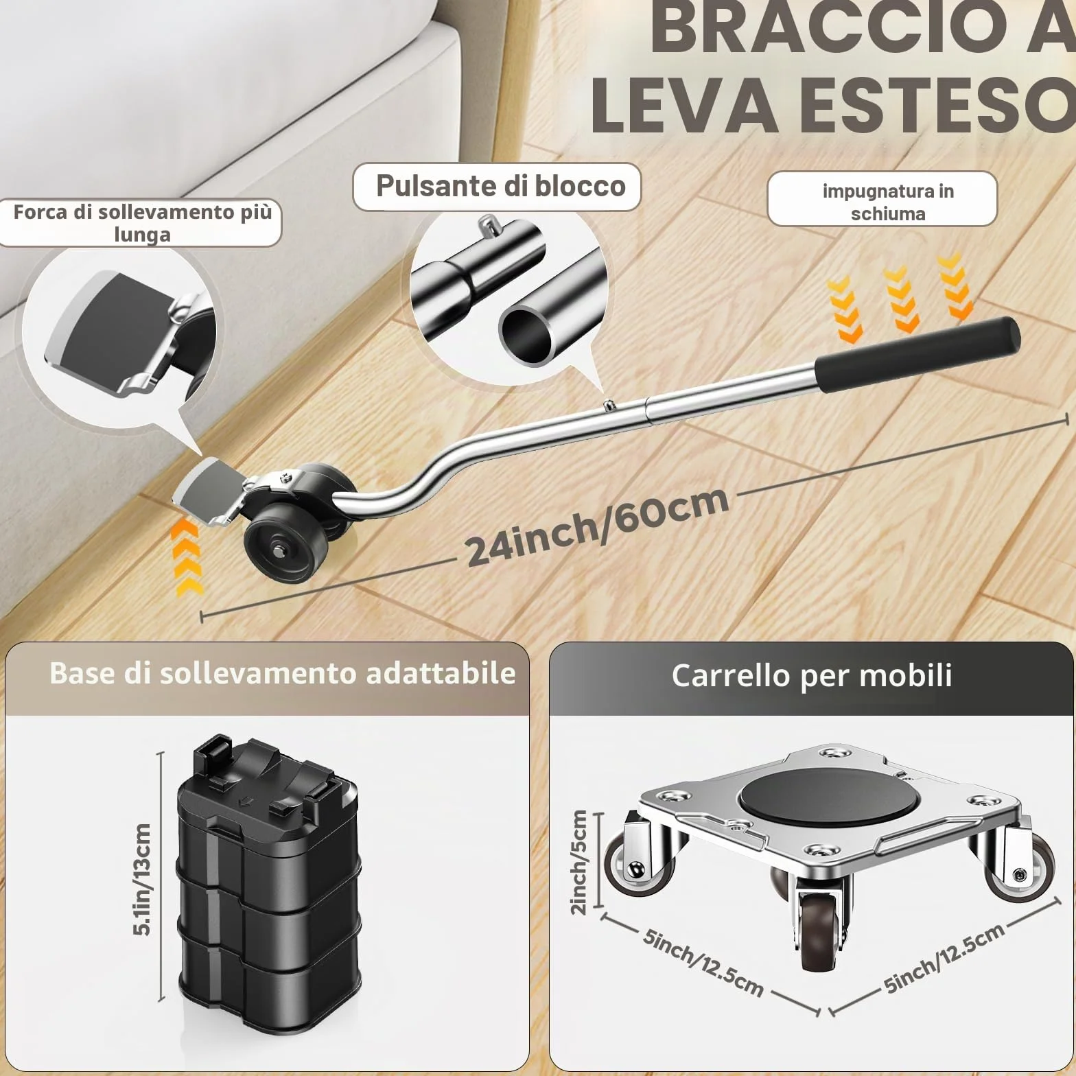 Kit Spostamento Mobili con Funzione Parking – Carrello per Mobili Pesanti con Ruote a 360°, Pannello in Acciaio al Carbonio, Portata 500 kg, Collocazione Sicura e Stabile nel Tempo