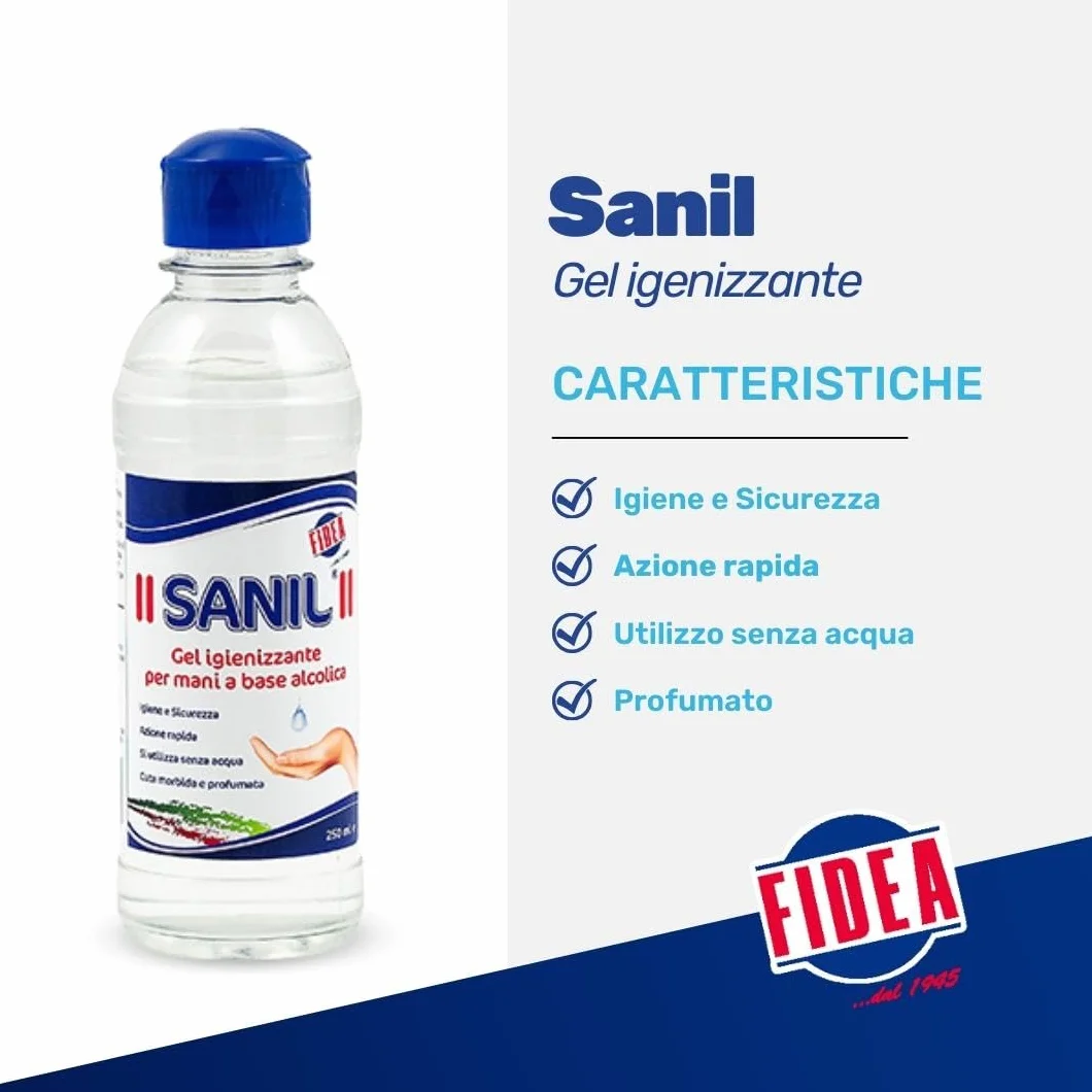 Fidea Sanil Gel Igienizzante Mani Professionale a Base Alcolica, Igiene Sicura e Profonda Senza Acqua, deterge a fondo la pelle - dermatologicamente testato (250 ml)
