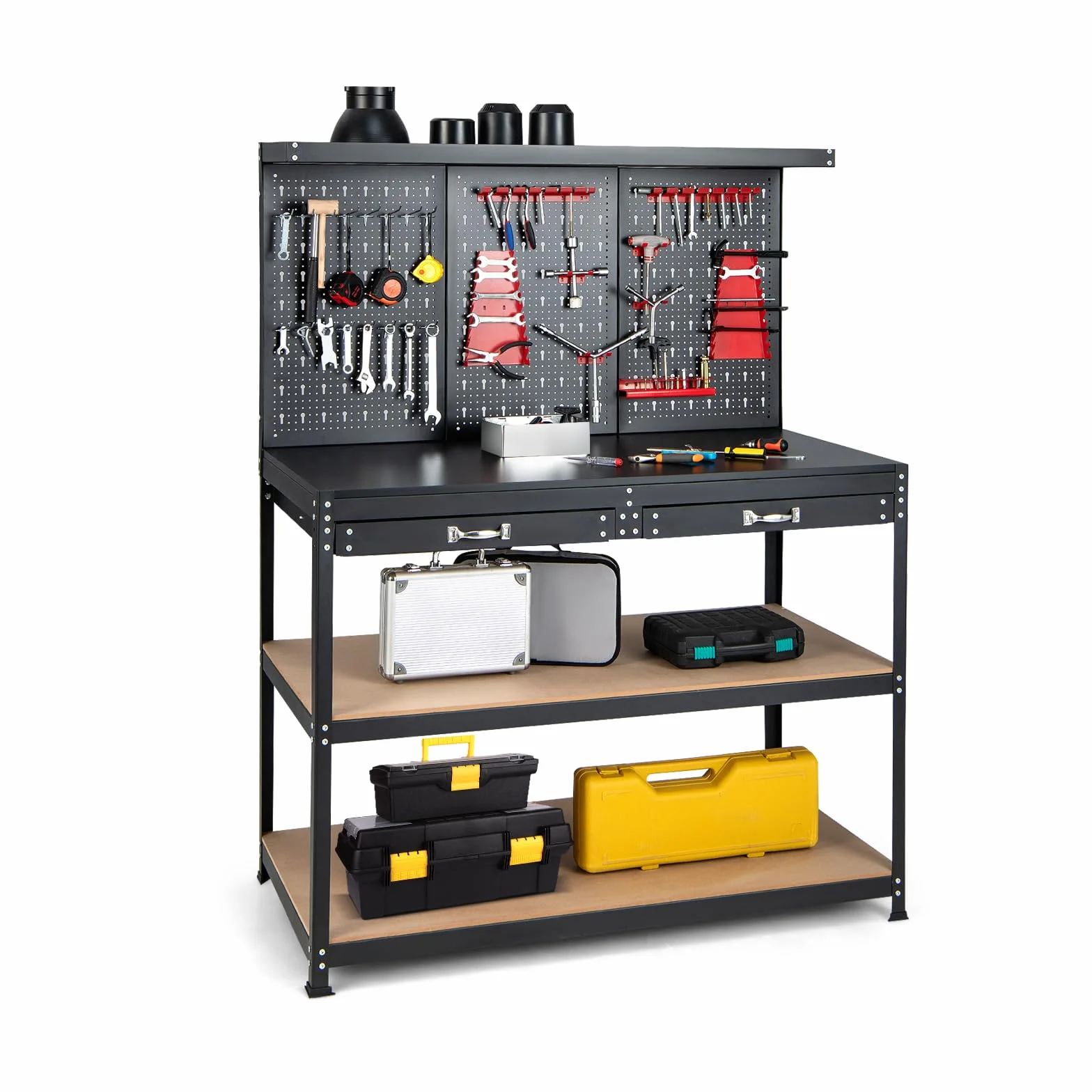COSTWAY Banco da Lavoro con Pannello a Chiodi, Tavolo da Officina con Cassetti, Ripiani e 25 Accessori Appendibili, Carico Massimo 435 kg, per Garage, Casa, Officina e Magazzino
