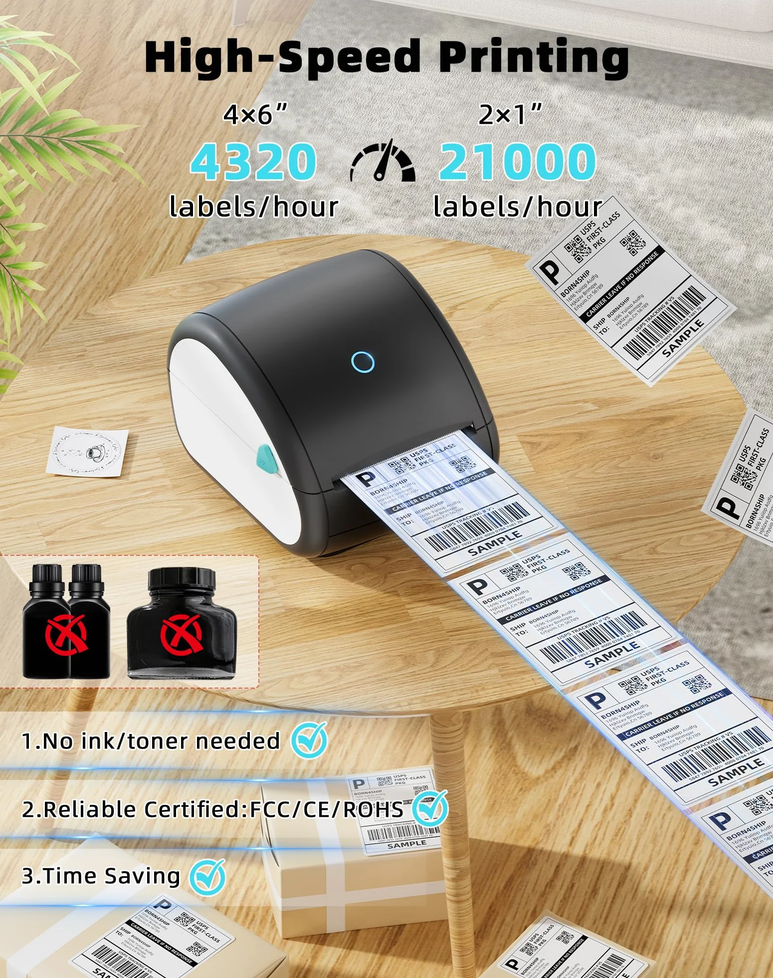 Stampante per Etichette Bluetooth, Stampante per Etichette di Spedizione, 4 x 6 Stampante Termica Stampante Etichette Label Printer Macchina Compatibile con Etsy,DPD, Ups, Otto, DHL