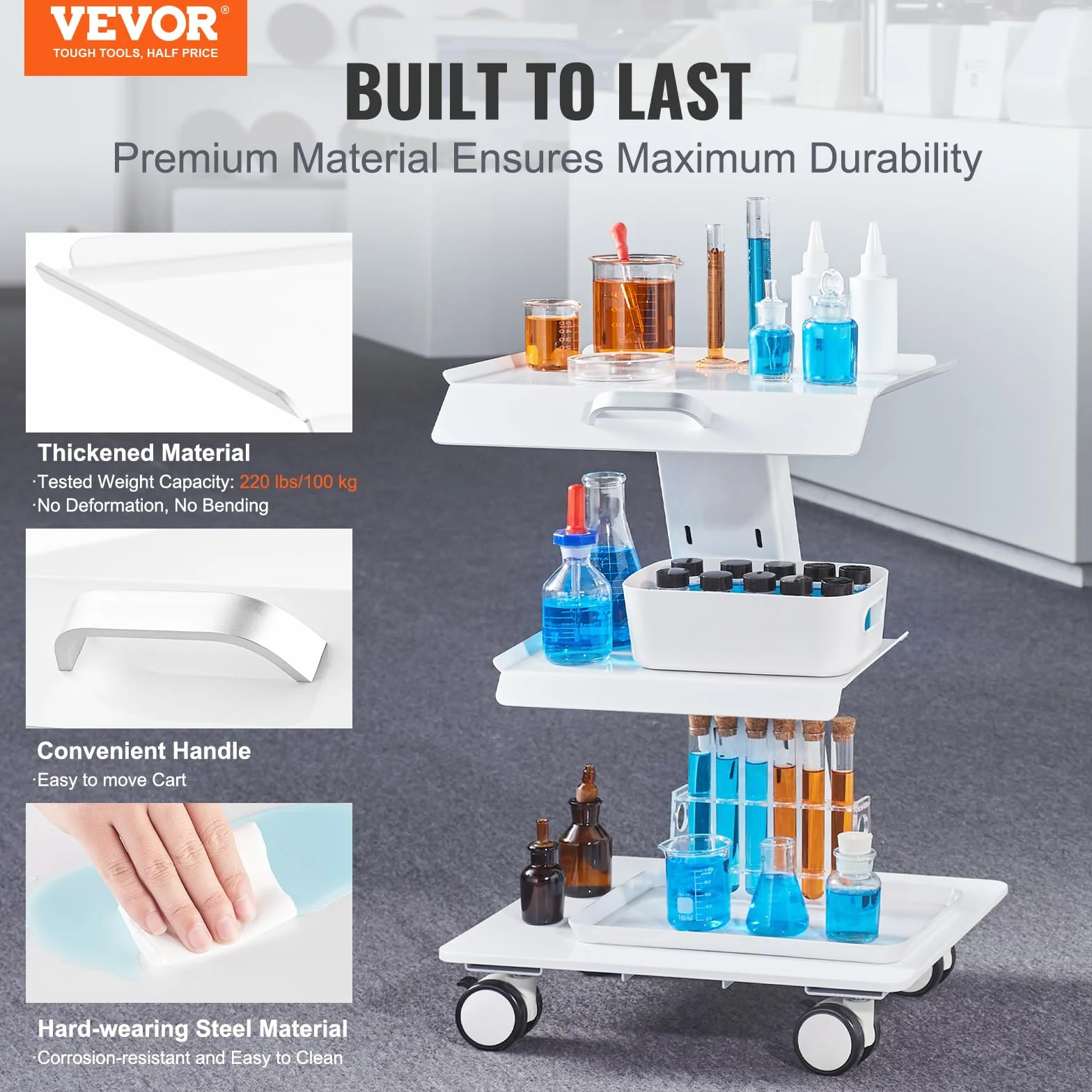 VEVOR Carrello da laboratorio, Carrello mobile in metallo con ruote girevoli, Carrello da clinica con vassoio con capacità di peso di 220 libbre, per laboratorio, clinica, bellezza e salone