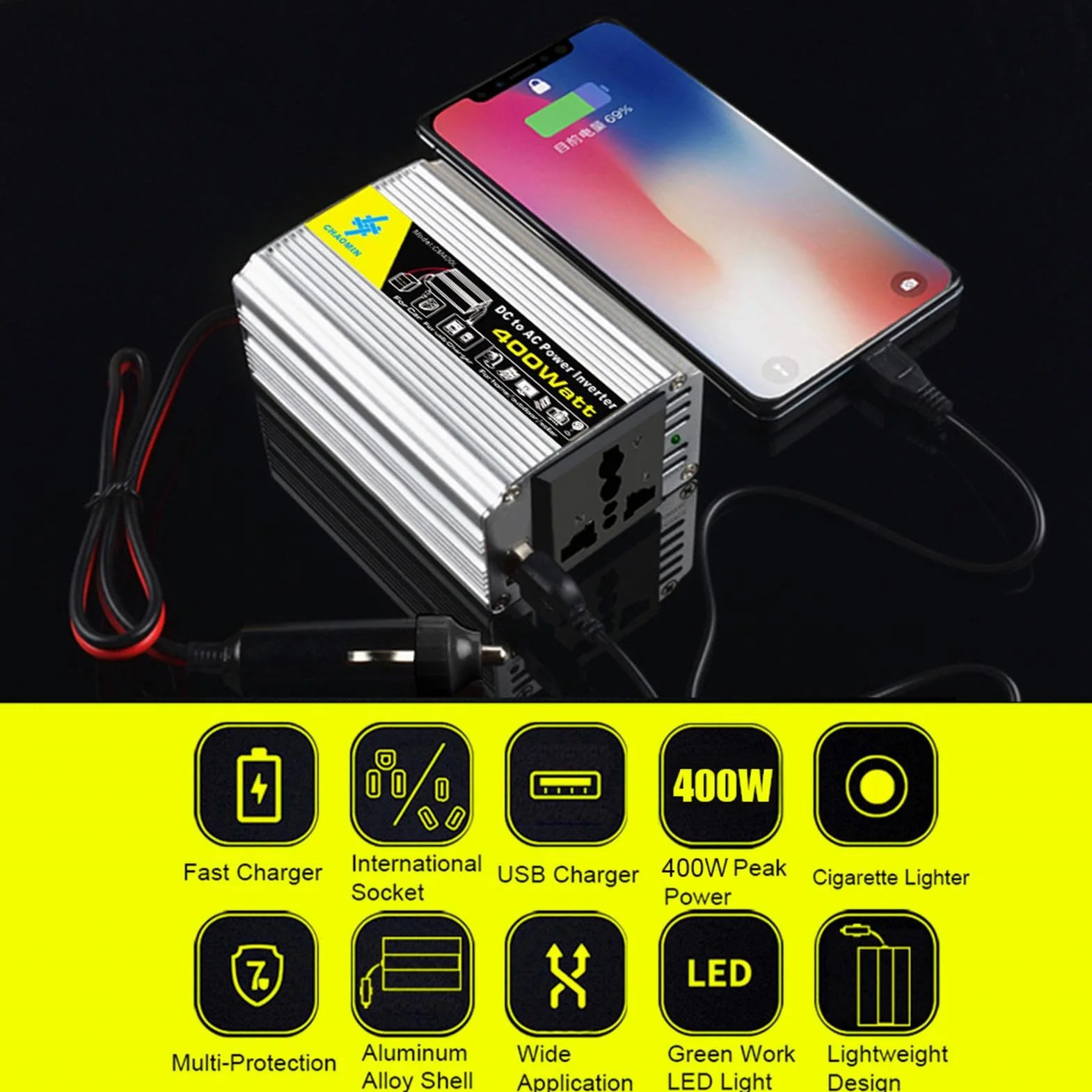 Sine Waves Inverter - da 12 V DC a 220 V AC Pure Sine Power Converter, Inverter da 400 W | Convertitore per auto con clip per batterie, inverter di alimentazione portatile per casa, campeggio,