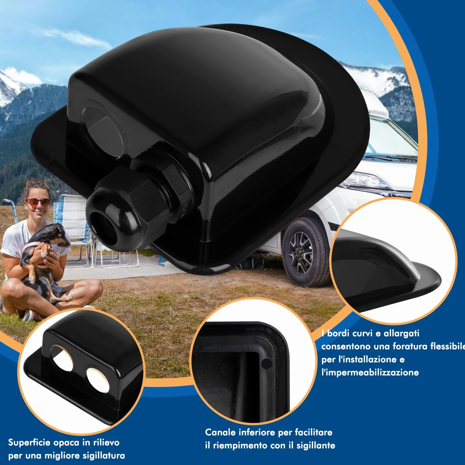 Restmo Passacavo Solare Impermeabile IP68 ABS Doppia Entrata per Camper Roulotte Barche Nero