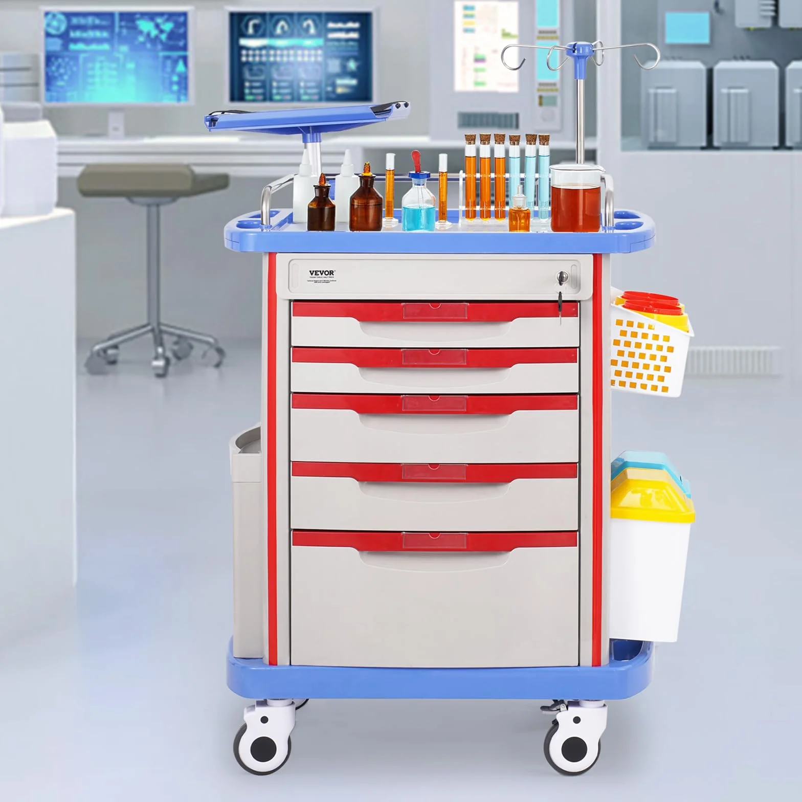VEVOR Carrello da Laboratorio 5 Ripiani con Cassetti e Ruote Silenziose, PP, Blu