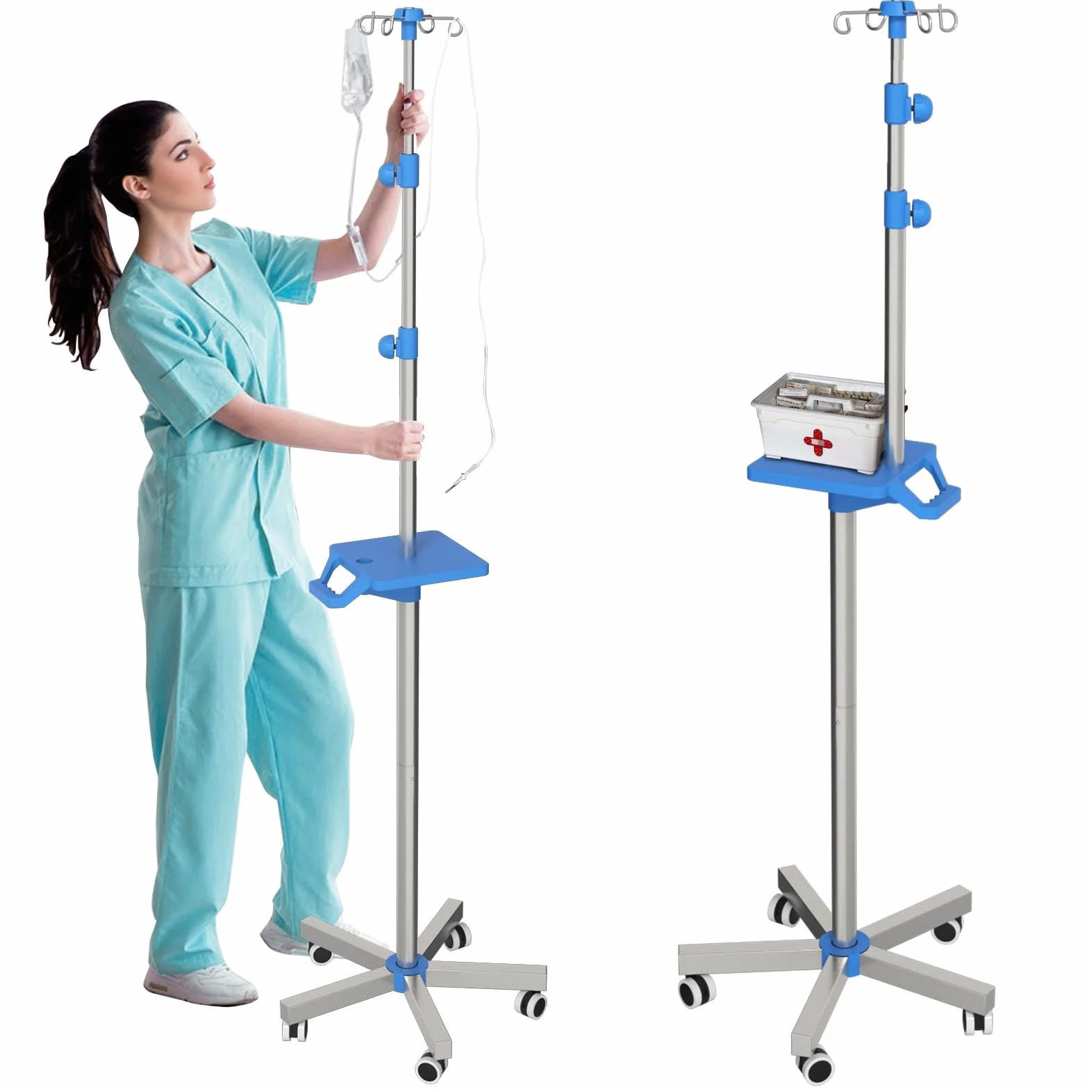 Rolling IV Supporto con vassoio – Supporto IV in acciaio inox con 4 ganci, ruote e struttura regolabile in altezza per cliniche e a casa
