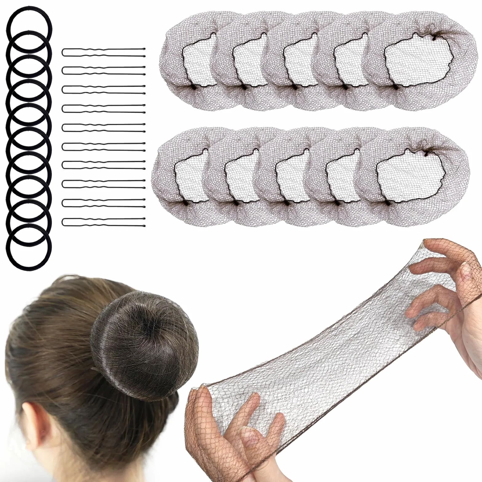 Retina per Capelli Chignon 30 Pezzi con 10 Elastici 10 Fermagli a U per Parrucche Acconciature