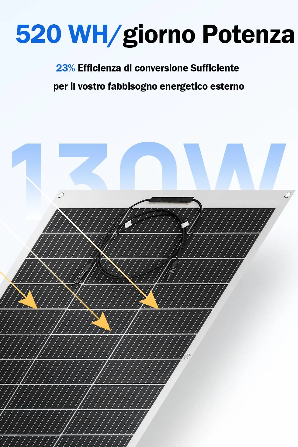 ECO-WORTHY Pannello Solare Flessibile Monocristallino da 130 W 12 V, Pannello Solare con Cavo di Ricarica per Camper, Auto, Barca, Batterie da 12 Volt