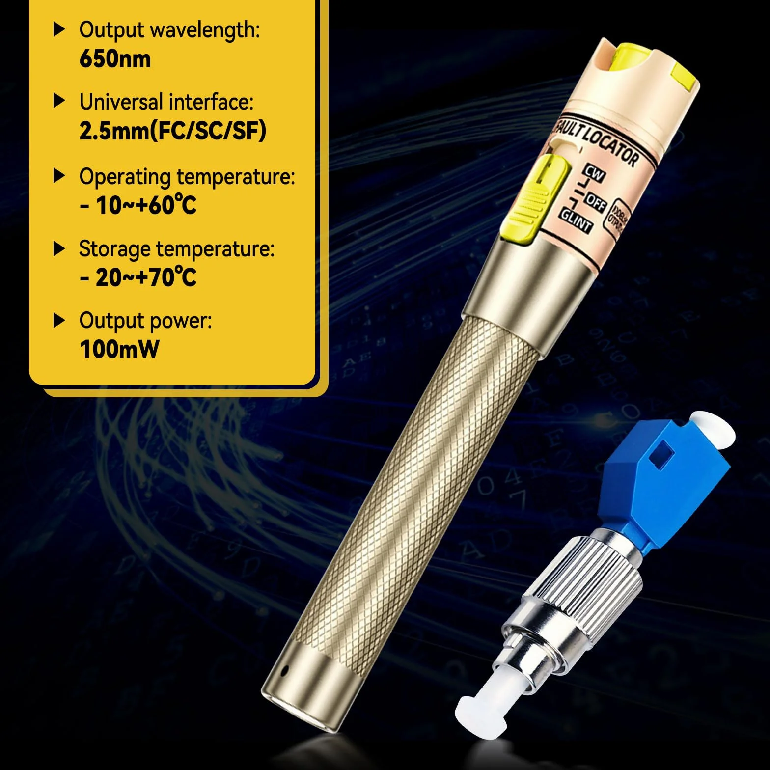 Visual Fault Locator 100 mW, tester per cavi in fibra ottica con interfaccia universale 2,5 mm FC/ST/SC