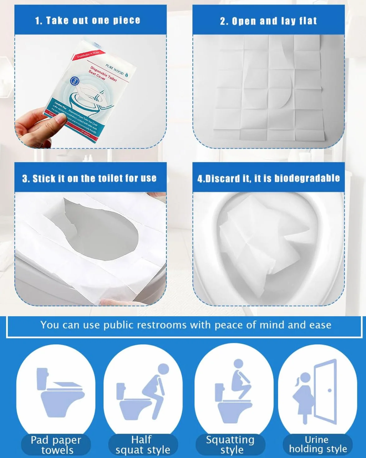Copriwater Usa e Getta 60 PCS Coprisedile WC Monouso Igienici Biodegradabili per Viaggi Hotel