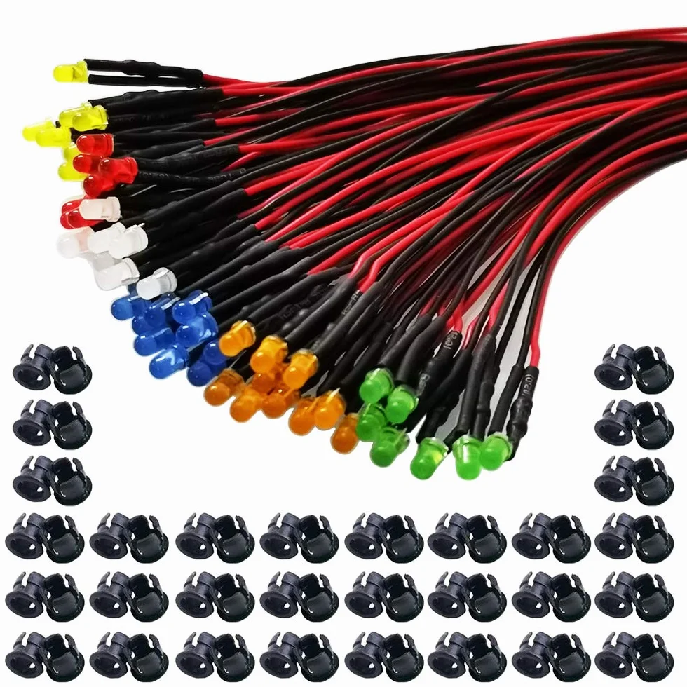GTIWUNG 60pcs 6 Colori 12V LED Diodi ad Emissione, 3mm Luminosa Luce a Diodi LED Precablata, Led Modellismo + 60Pcs 3mm Supporto in Plastica del Diodo