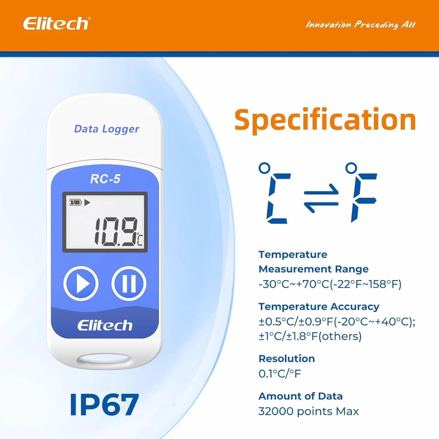 Elitech RC-5 Rilevatore di Temperatura Data Logger USB con Display LCD 32000 Punti -30°C a +70°C