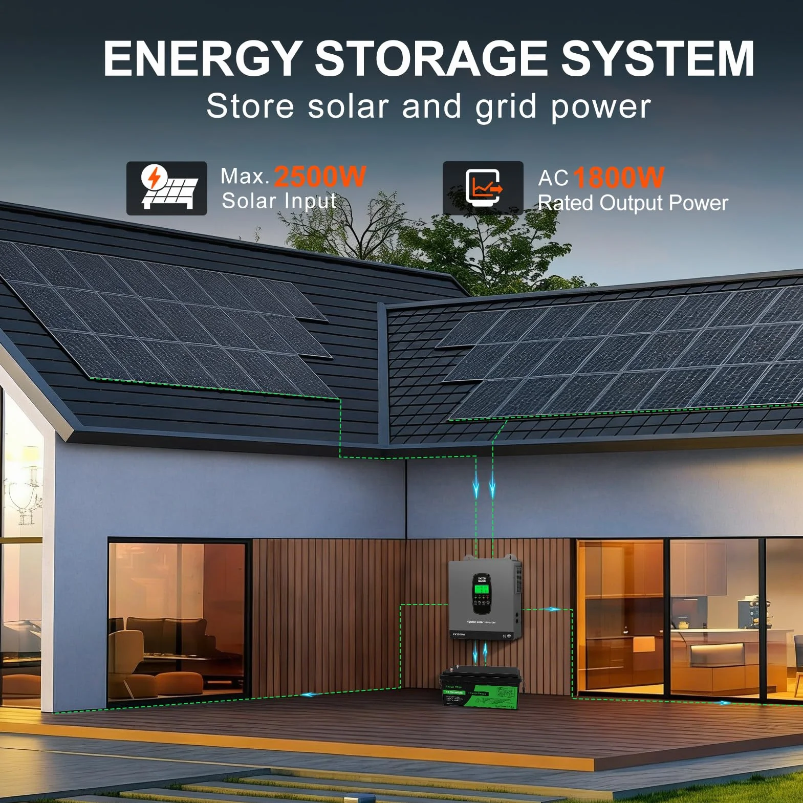 DATOUBOSS Inverter Ibrido Solare 1800W 12V Onda Sinusoidale Pura, Inverter 12V a 220V/230V AC con Regolatore di Carica Solare MPPT, Sistema di Protezione BMS, per Batterie al Litio (12V-1800W)