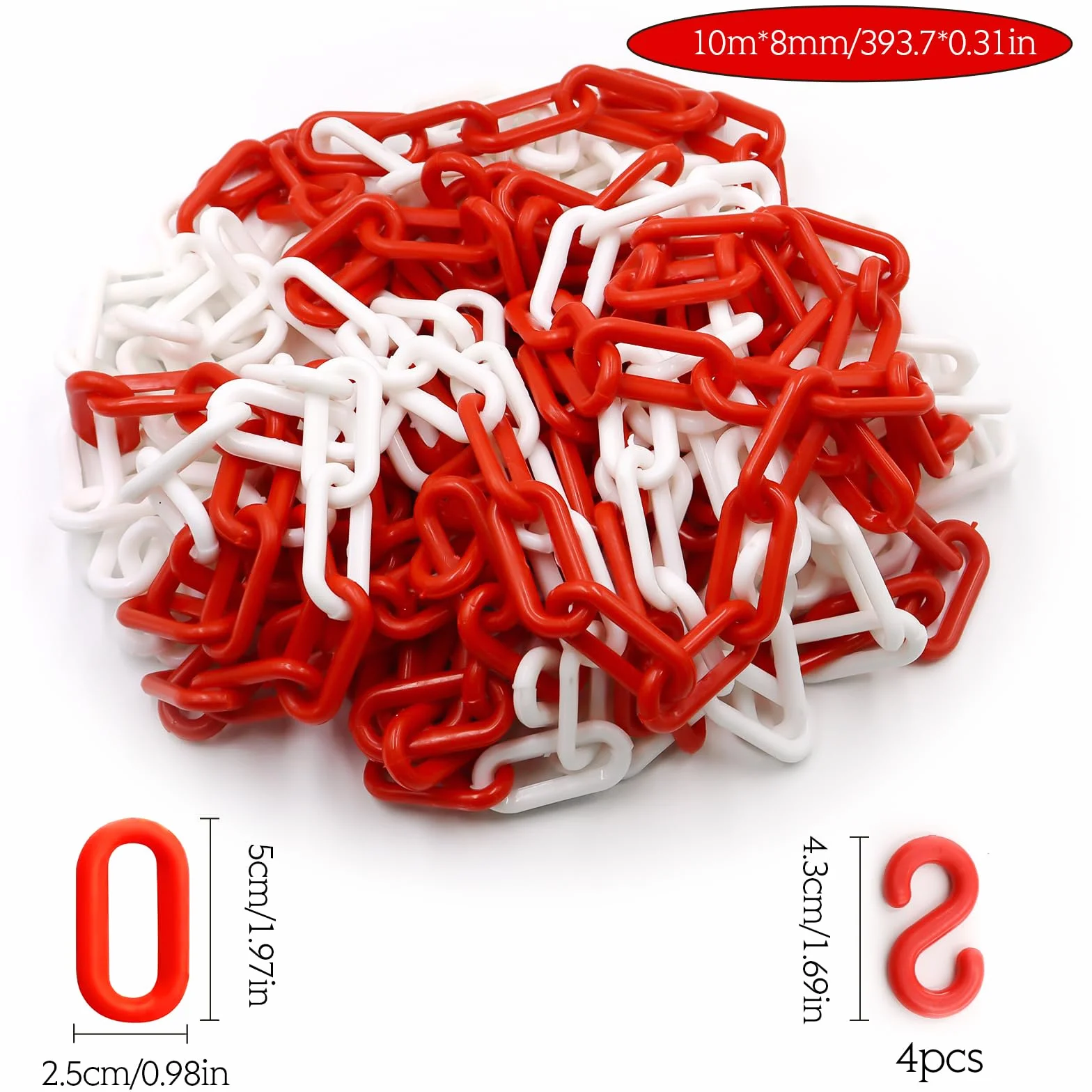 Catena di bloccaggio, in plastica, 10 m x 8 mm, leggera e pratica, con 4 ganci a S, catena in plastica per bloccare le superfici