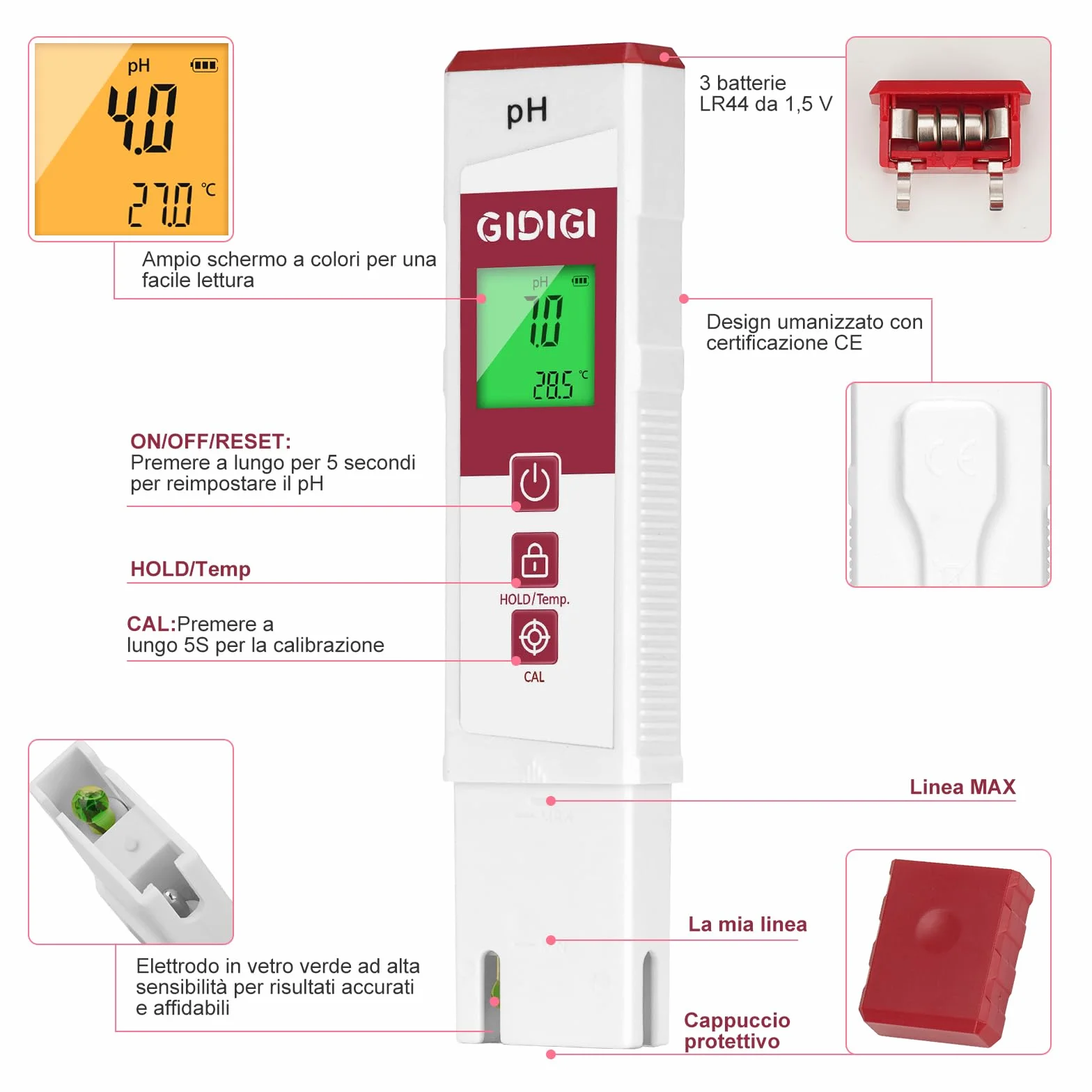 Misuratore di pH per acqua con display a colori, misuratore di pH digitale professionale, kit di calibrazione del pH analizzatore di qualità dell'acqua per piscine, terme, idroponica, acquari e