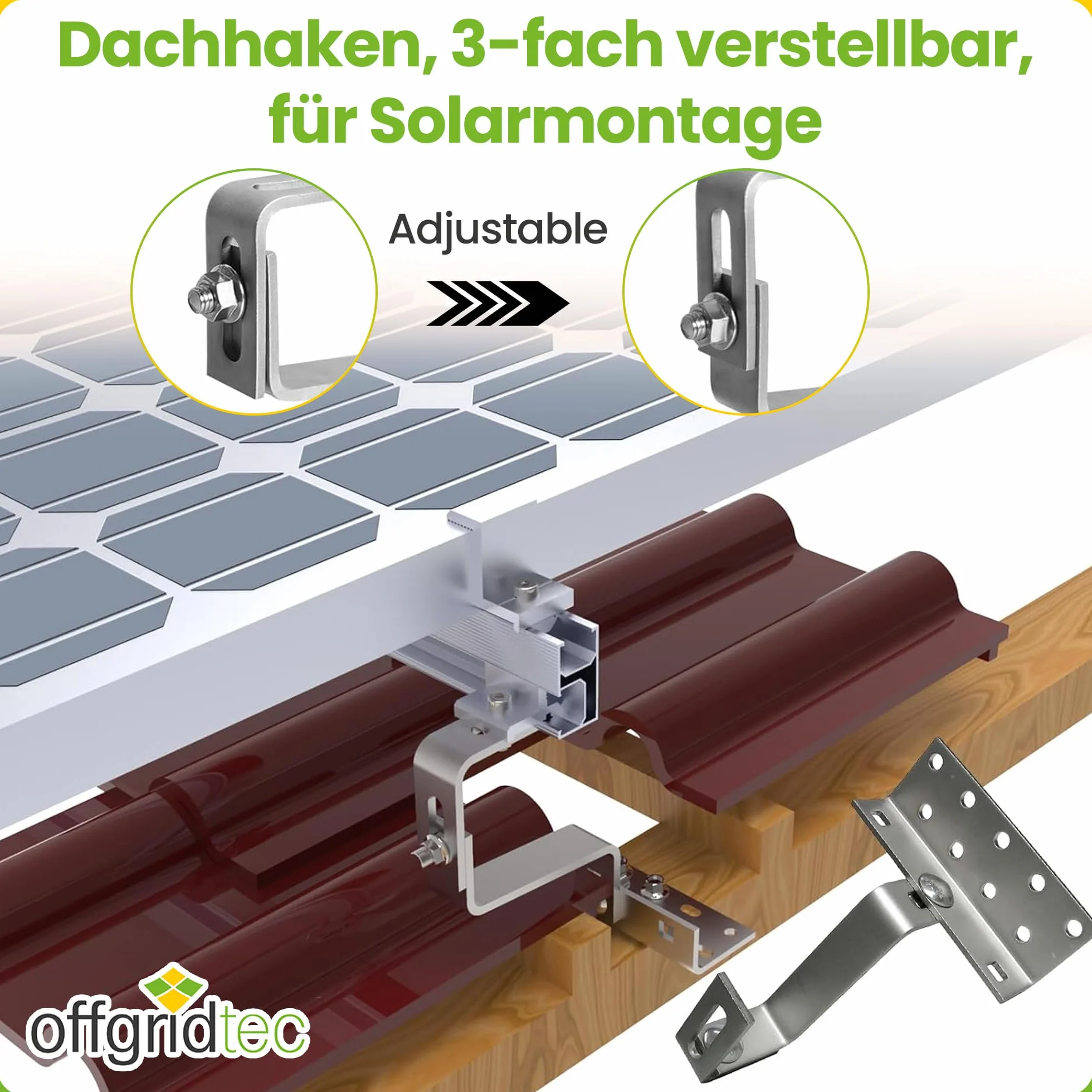 Offgridtec Gancio da tetto inox regolabile 3 direzioni acciaio 5 mm 45–60 mm per tegole scandole alluminio 4x4