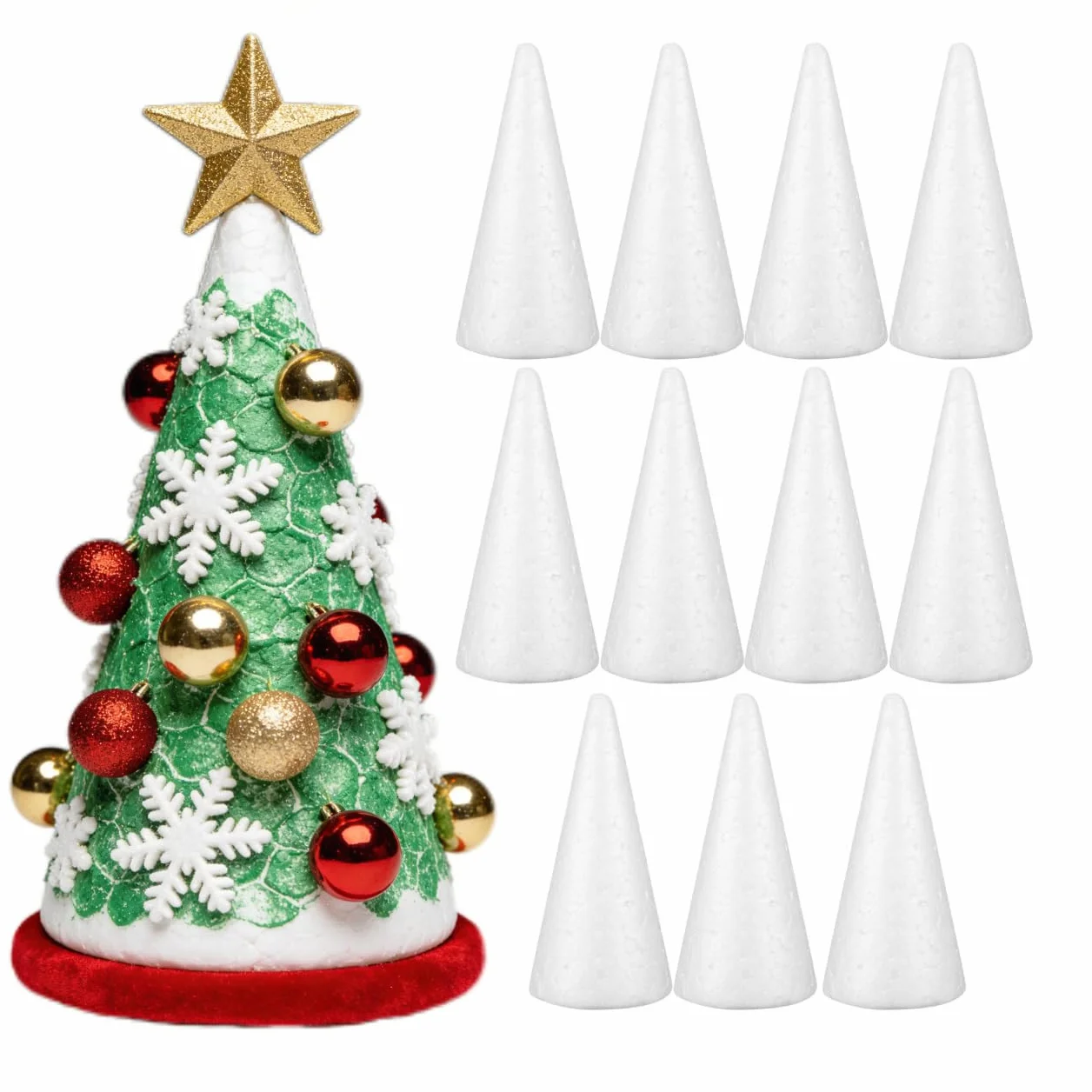 Happyyami 12 Pezzi Cono in Schiuma Bianca Coni di Bianco per Fai da Te casa Progetto Artigianale centrotavola Albero di Natale 10 cm