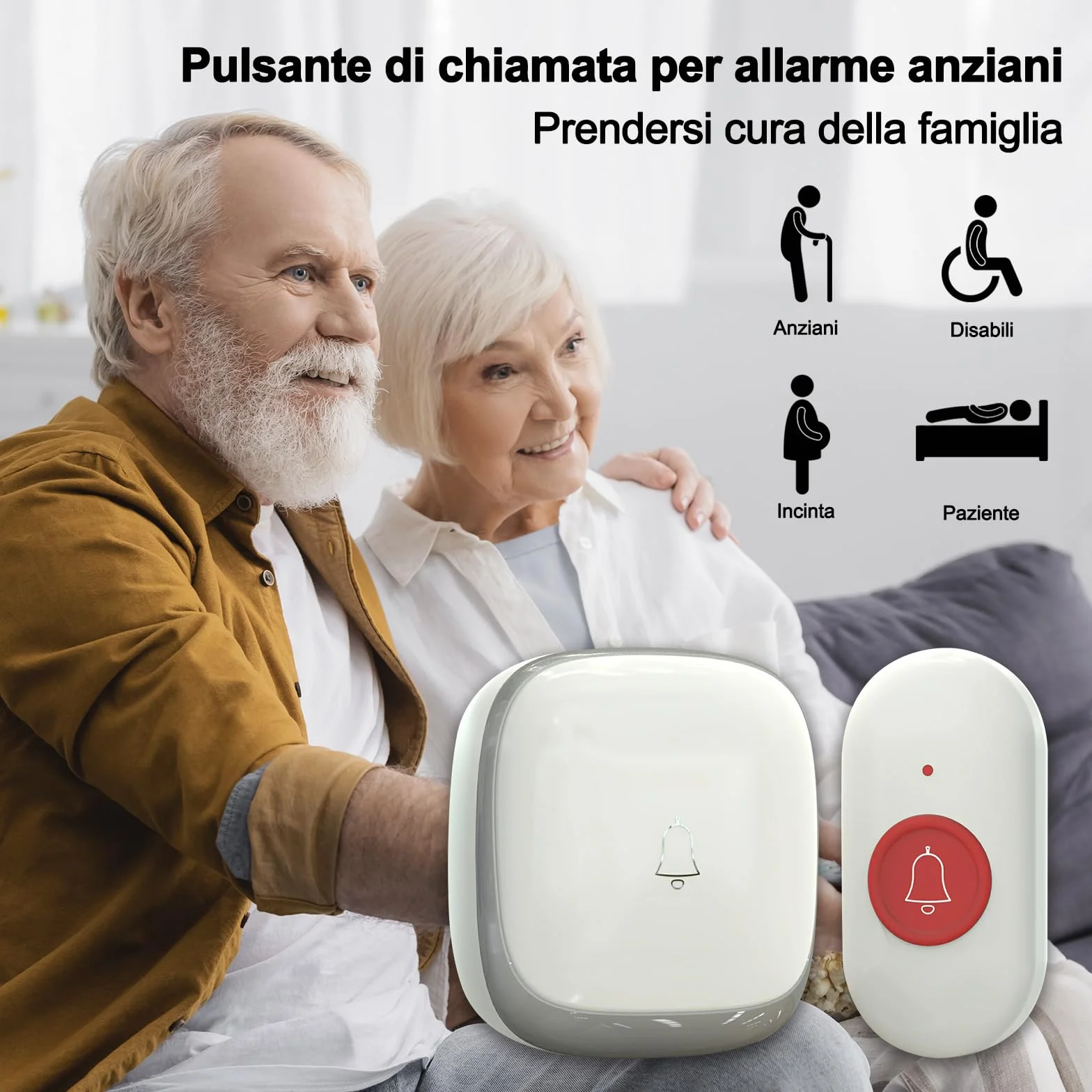 SOS Salvavita Anziani, Wireless Cercapersone Campanello Anziani con Pulsante Emergenza e Salvavita 150m+ per Casa/Anziani/Donne Incinte/Disabili, 2 Ricevitori + 2 Trasmettitori