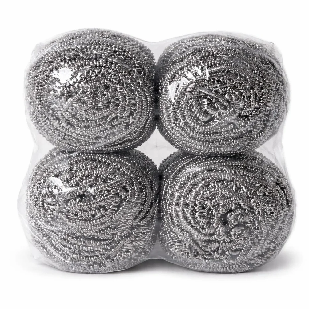Spugne Inox Professionali in Acciaio Antiruggine 60 g – Confezione da 4 Pagliette Acciaio Abrasive per Pentole, Tegami, Griglie e Barbecue – Lana d’Acciaio per Pulizia Sporco Incrostato e Bruciato,