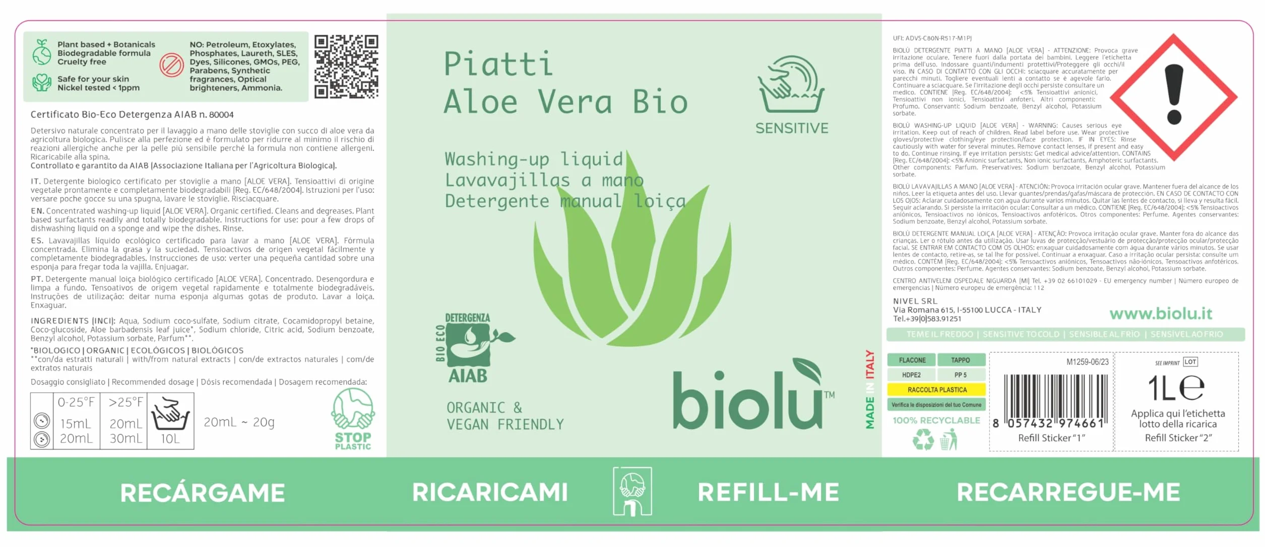 Biolù Detersivo Piatti Aloe, Naturale, Ecologico, 1L