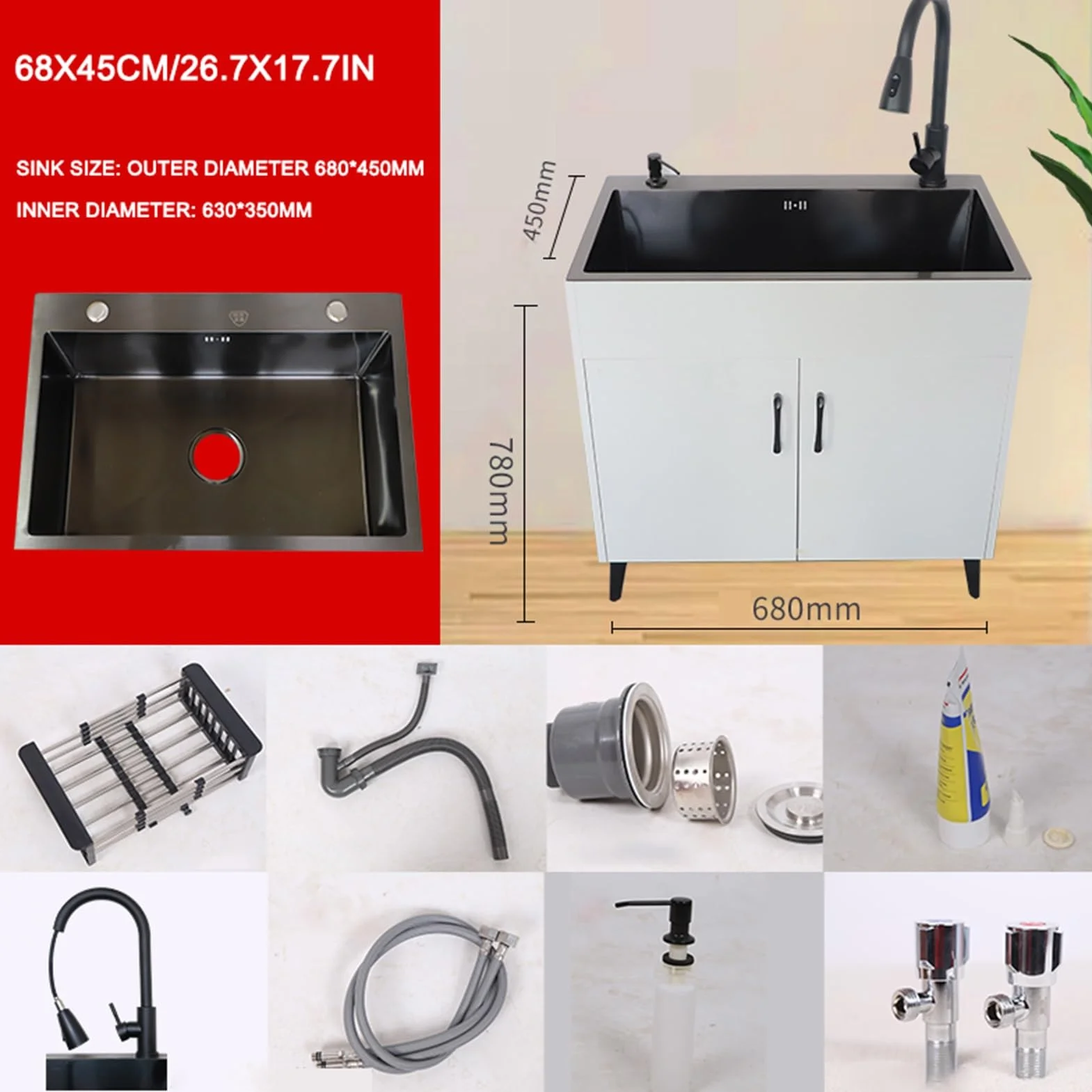 Mobile da bagno con lavabo, Lavello in Acciaio Inox Commerciale a Vasca Singola, Mobiletto Sottolavello Cucina con Rubinetto, per Ristorante, Cucina, Lavanderia(68x45cm/26.7x17.7in,Black)