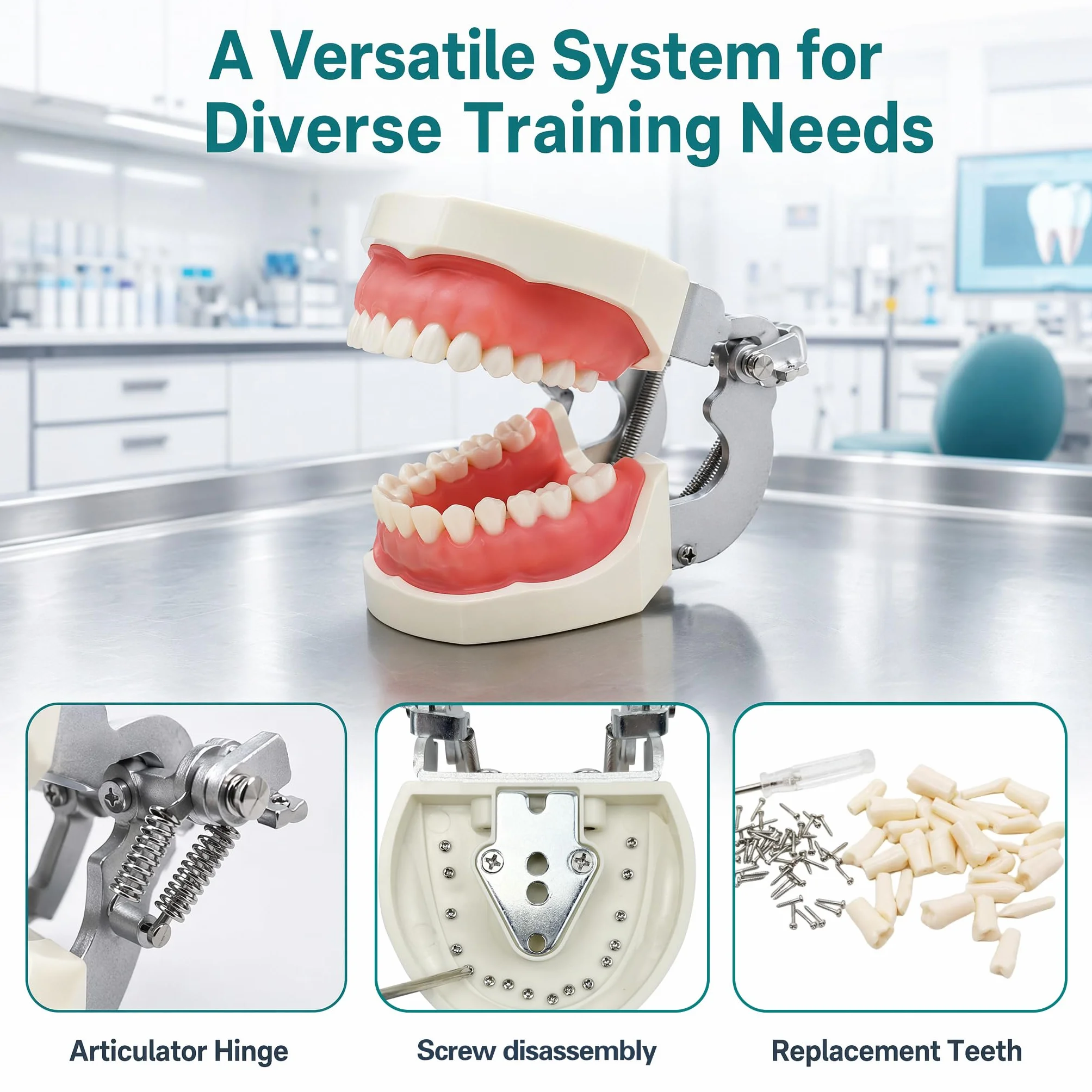 Dentale Typodont Model 28 Zębów Staccabile Strumenti Studio Didattico Articolato Anatomia Denti Rimovibili con Cacciavite