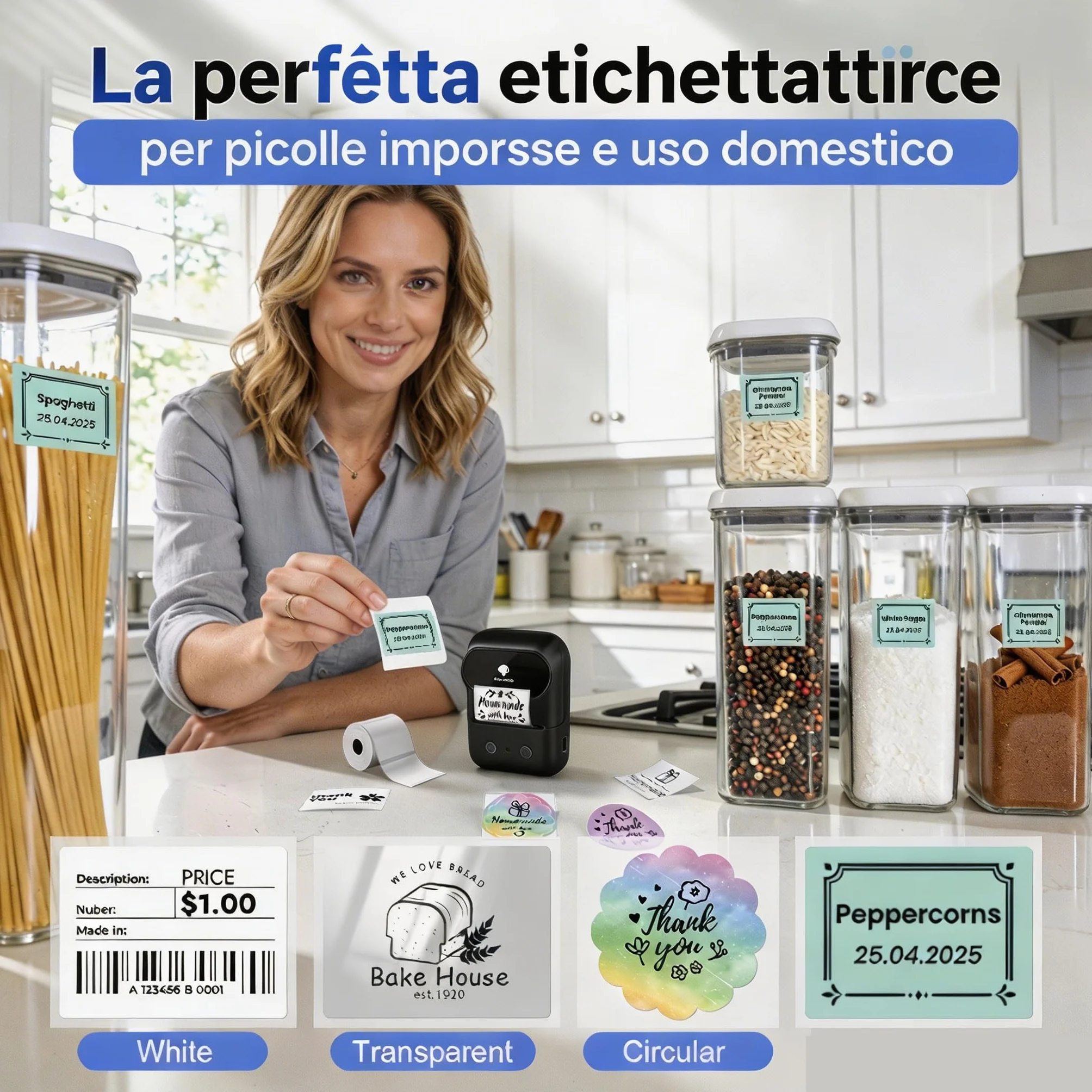 Phomemo M108 Etichettatrice Bluetooth, Portatile Stampante Etichette Adesive Termica Etichettatrice Etichette Adesive per Codici a barre,Cucina,negozi, Compatibile con iOS Android e PC, Nero