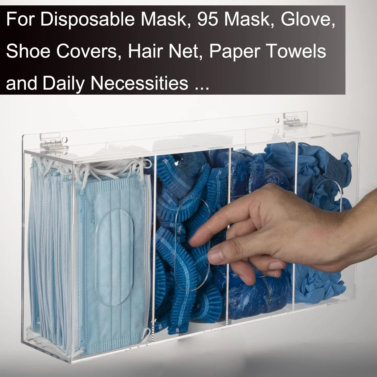 SEANADO Dispenser per retina per capelli e copriscarpe usa e getta per maschera in acrilico, 4 contenitori in plastica, trasparente, supporto per montaggio a parete, strumento igienico per