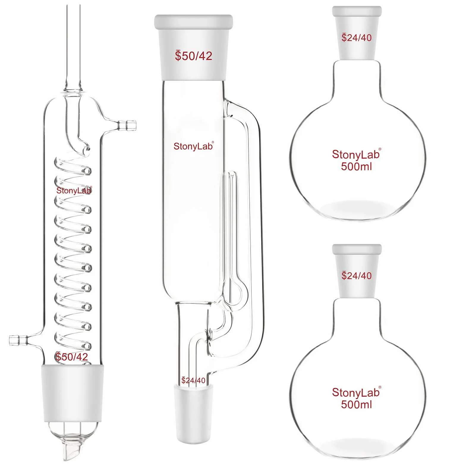 stonylab Kit di Estrazione Soxhlet, Vetro Borosilicato 50/42 Estrattore Soxhlet con Graham Condenser e Due Palloni a Fondo Piatto 24/40 da 500 ml per Estrazione in Laboratorio