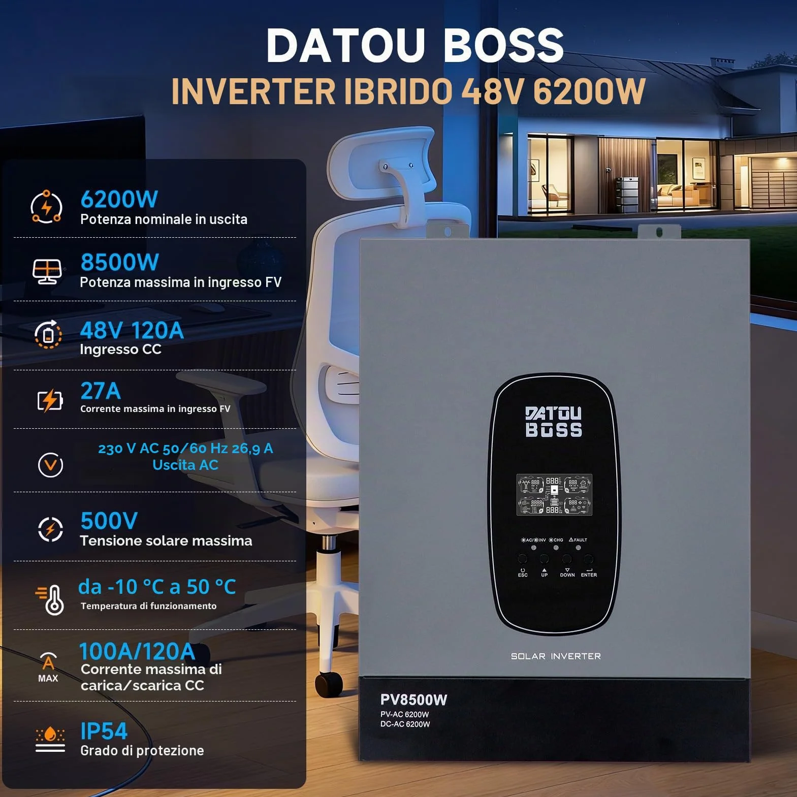 DATOUBOSS Inverter Ibrido Solare 6200W 48V, MPPT 120A, Onda Sinusoidale Pura, Entrée PV 8500W, Senza Batteria, per Impianto Fotovoltaico Casa, Camper, Backup Energia