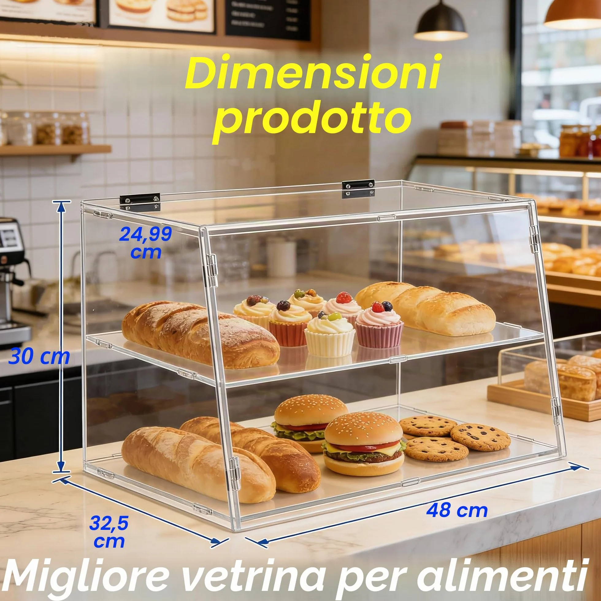 Vetrina a 2 ripiani per panetteria con sportello posteriore di sollevamento, vetrina per pasticceria, piano di lavoro da cucina, vetrina per alimenti in acrilico trasparente, mantiene freschi