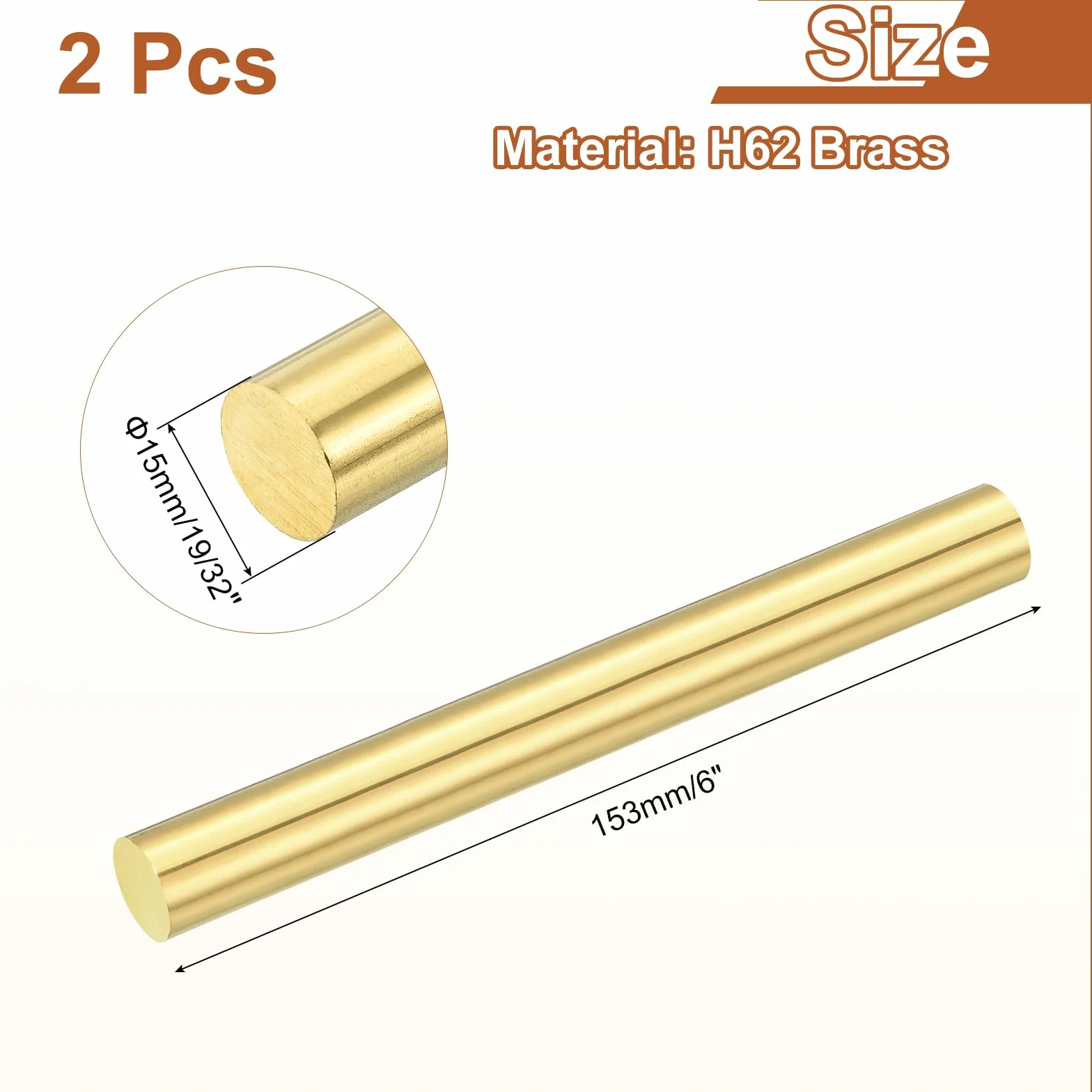 sourcing map 2 aste rotonde in ottone massiccio da 19/32" di diametro, 153 mm di lunghezza, H62, barra rotonda in ottone per fai da te, artigianato e costruzione industriale