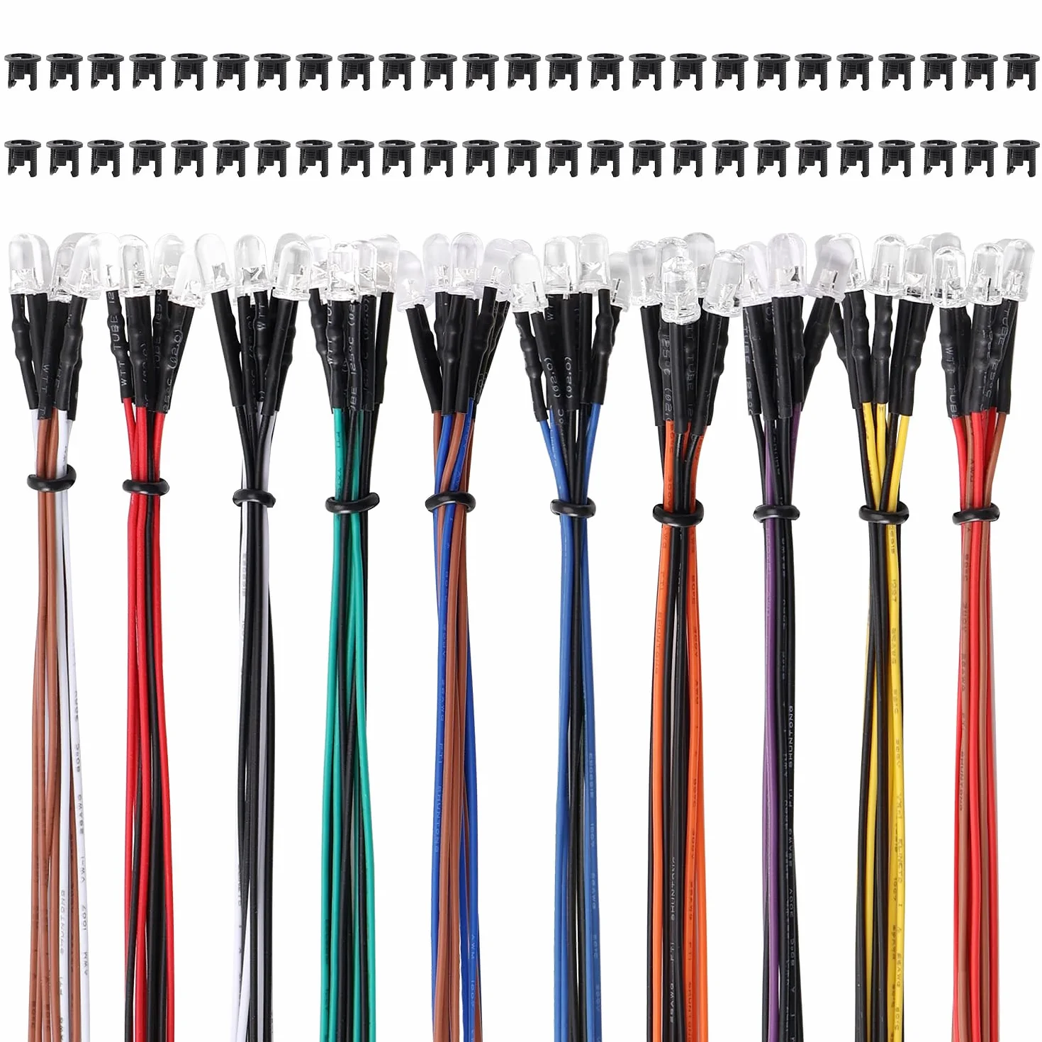 50 Pezzi 5mm 12V Diodo LED Precablata 20cm con Supporto Plastica, 10 Colori