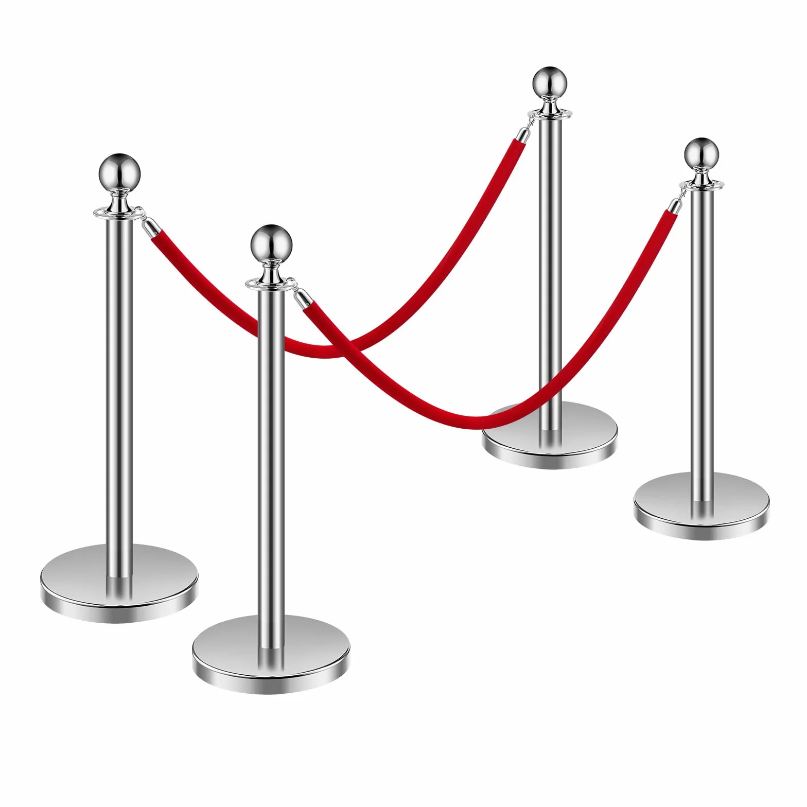 VEVOR Paletto di Sostegno Set di 4 Barriere Controllo Folla Corde Velluto Rosso Acciaio Inox 1,5 m Base Cava