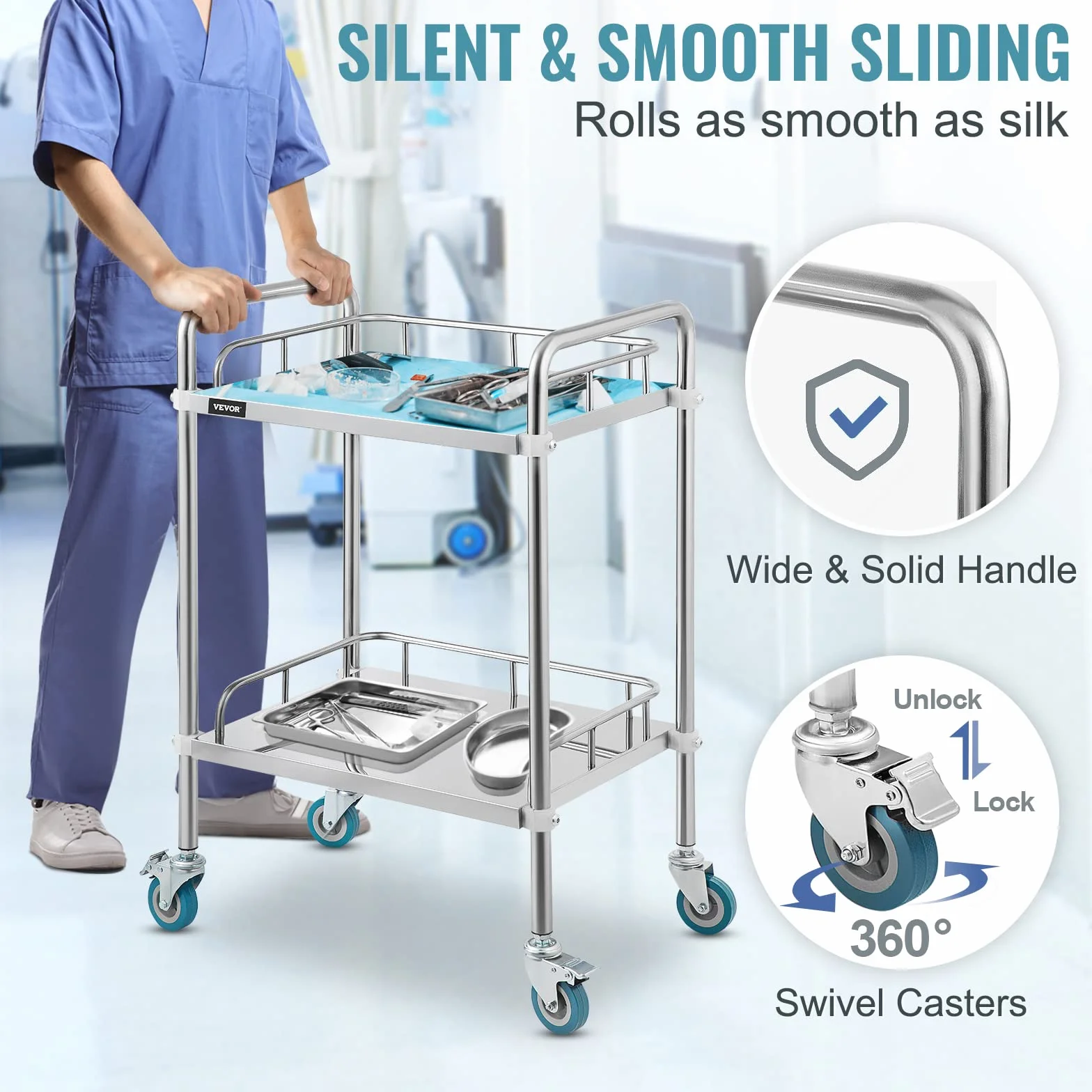 VEVOR Carrello da Laboratorio, 2 Strati Carrello Medico in Acciaio Inox, con 4 Ruote a 360° 2 Freni, Argento, per Ospedale, Farmacia ed Estetica, Laboratori, Salone di Bellezza, Centro di Ricerca