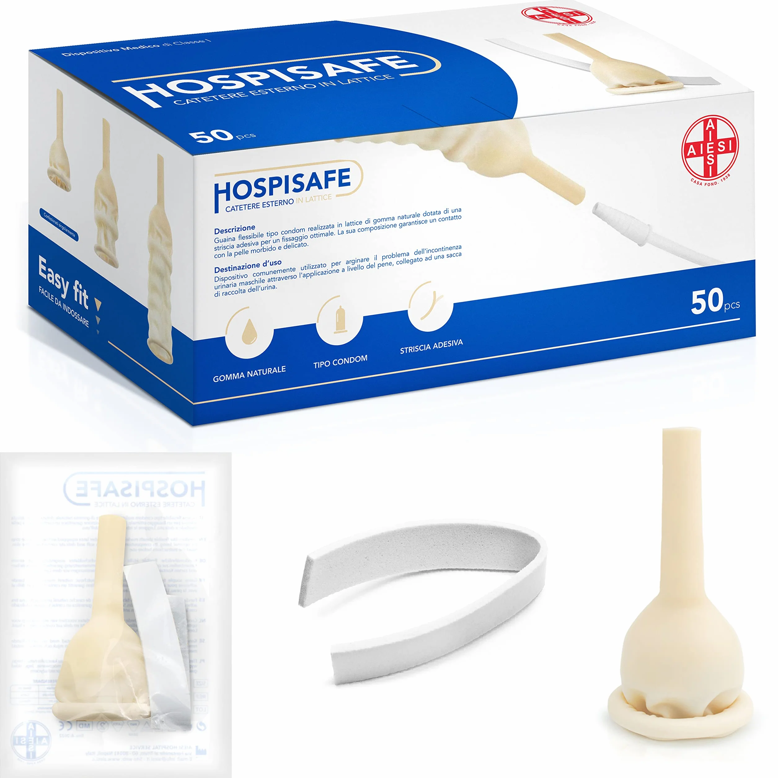 AIESI® Catetere esterno per uomo 30 mm (50 pezzi) in lattice con striscia adesiva HOSPISAFE