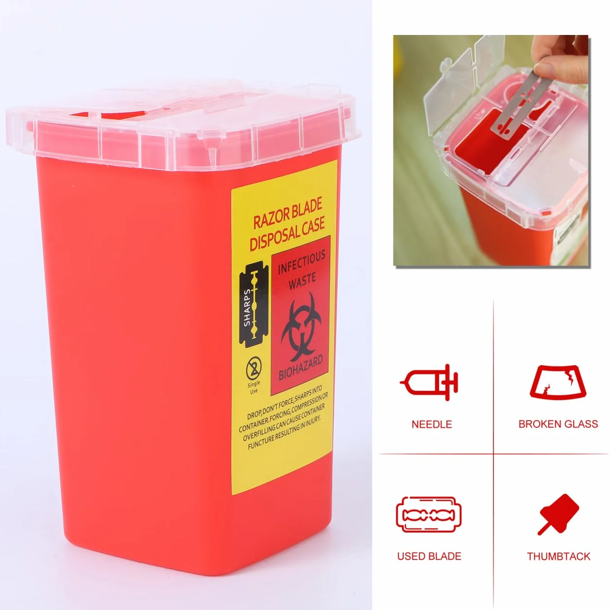 Healeved Contenitore Per Lamette Usate in ABS 6"x3.7"x3.7" Smaltimento Lame Sicuro con Coperchio a Scatto