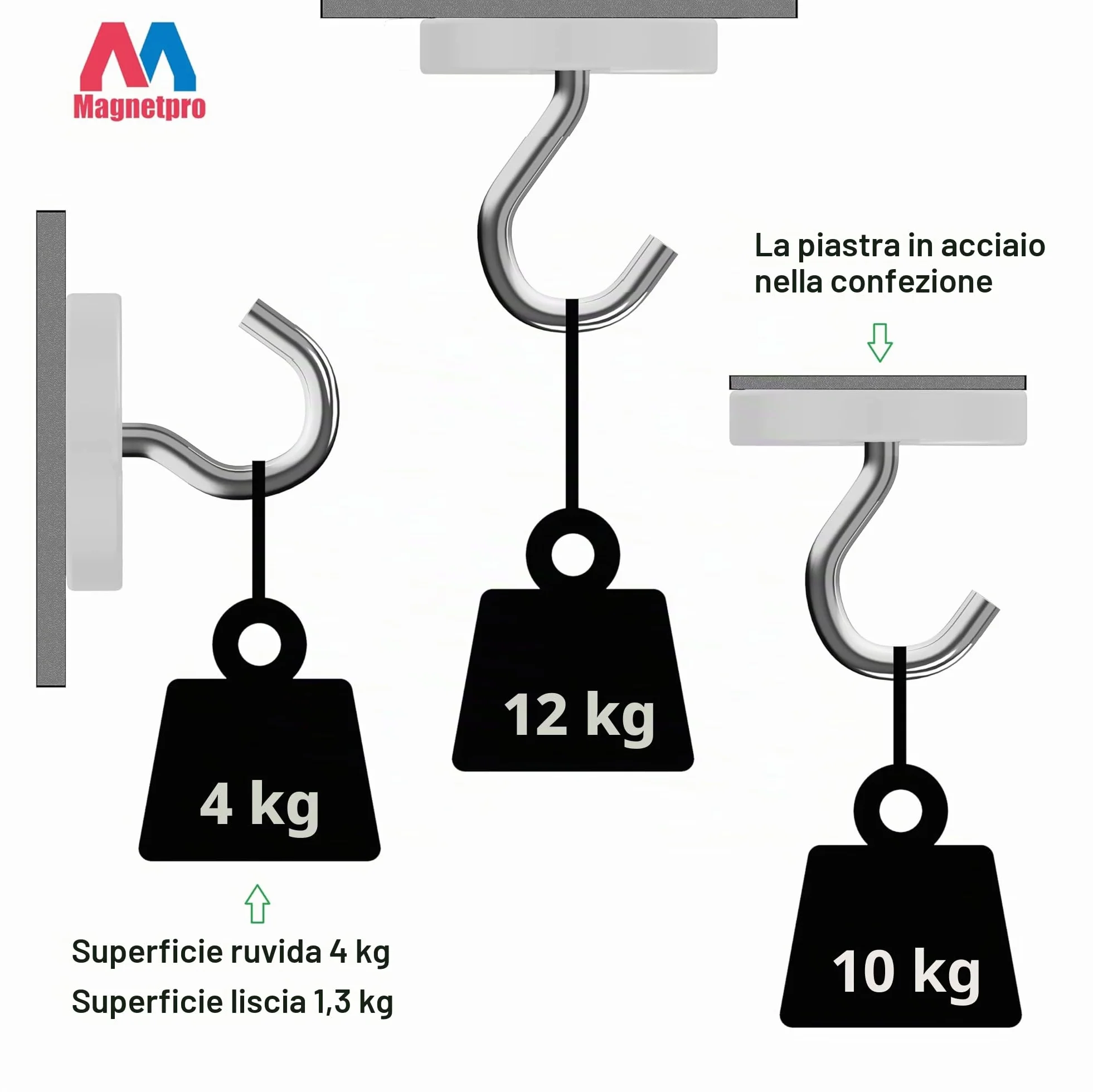 Magnetpro 12 pezzi magneti 10 KG forza 20 x 7 mm con foro e capsula, magnete al neodimio con base in acciaio svasato con viti e 12 cuscini in acciaio (Argento Brillante)