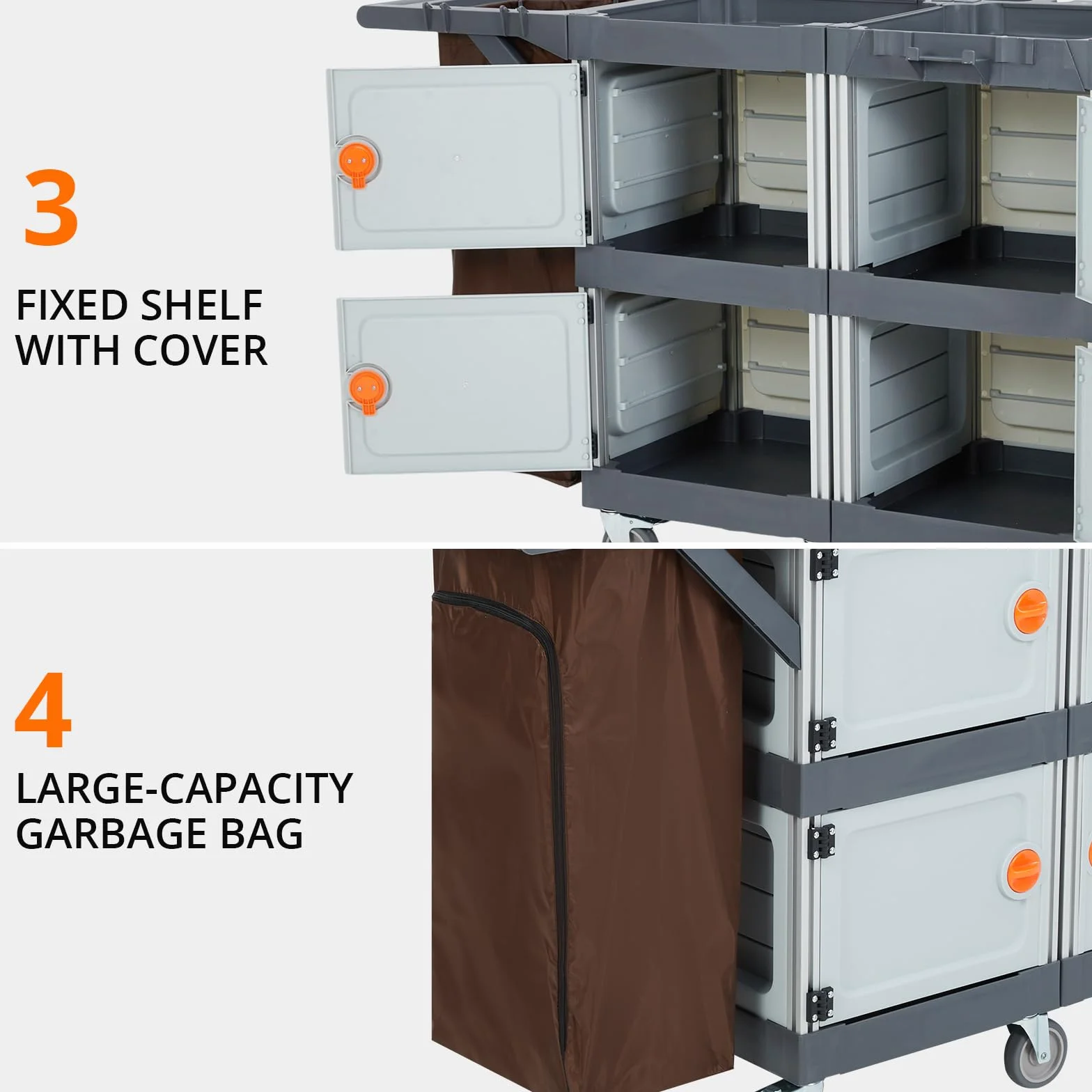 Carrello per pulizie professionale a 4 scomparti con doppio coperchio, manico in PP, struttura in alluminio, ruote silenziose TPR da 4 pollici, sacchi inclusi