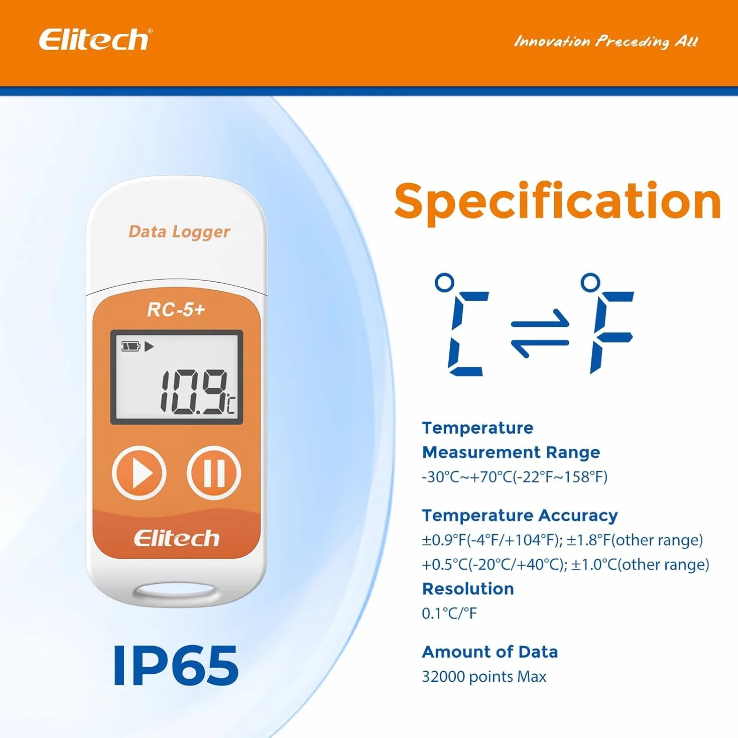 Elitech RC-5+ Registratore di Dati di Temperatura 32000 Punti PDF CSV Automatico Riutilizzabile Protezione Password 5PCS
