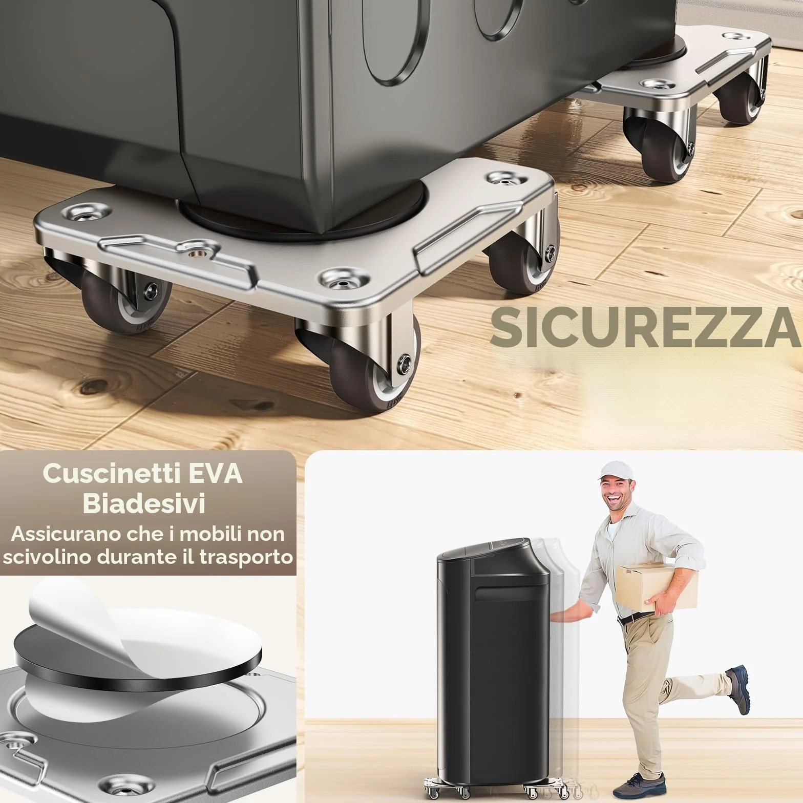 Kit Spostamento Mobili con Funzione Parking – Carrello per Mobili Pesanti con Ruote a 360°, Pannello in Acciaio al Carbonio, Portata 500 kg, Collocazione Sicura e Stabile nel Tempo
