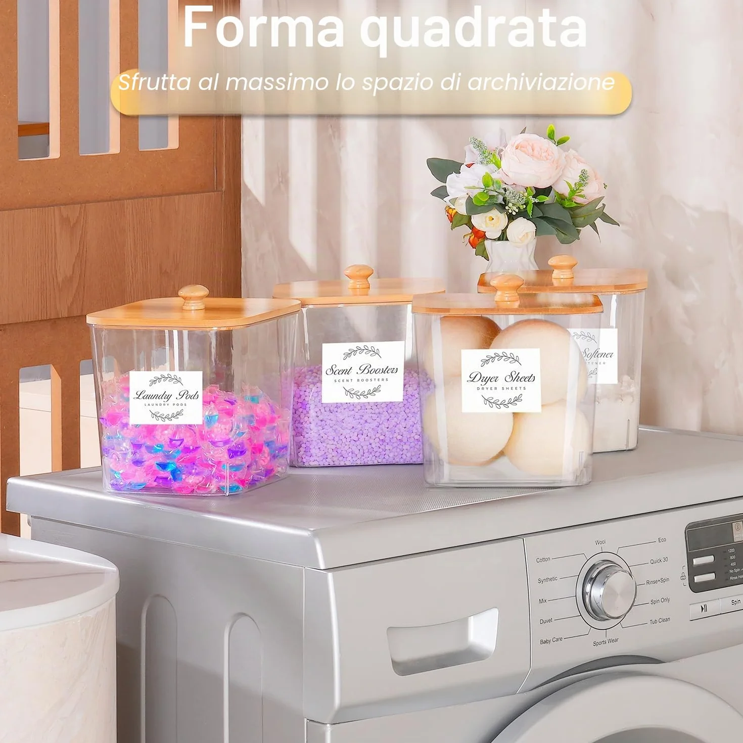 4 Grandi Contenitori per Capsule per Il Bucato, Contenitore per Detersivo con Coperchio, Contenitore Multiuso per Detersivo con 16 Adesivi e 4 Cucchiai per Lavaggio in Polvere, Fogli di Detersivo