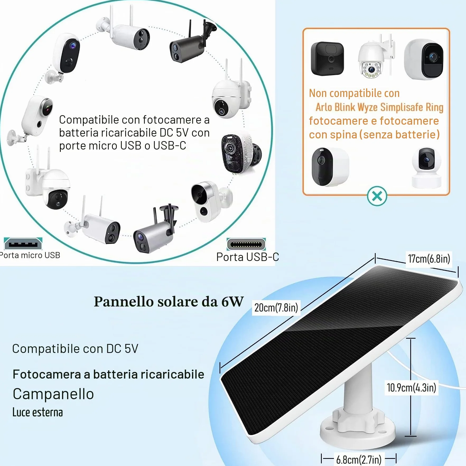 Pannello Solare da 6W per Telecamera di Sorveglianza,Pannello Solare USB per Telecamera di Sicurezza DC 5V a Batteria Ricaricabile,Campanello e Illuminazione Esterna cavo IP65 da 3m,Staffa Regolabile