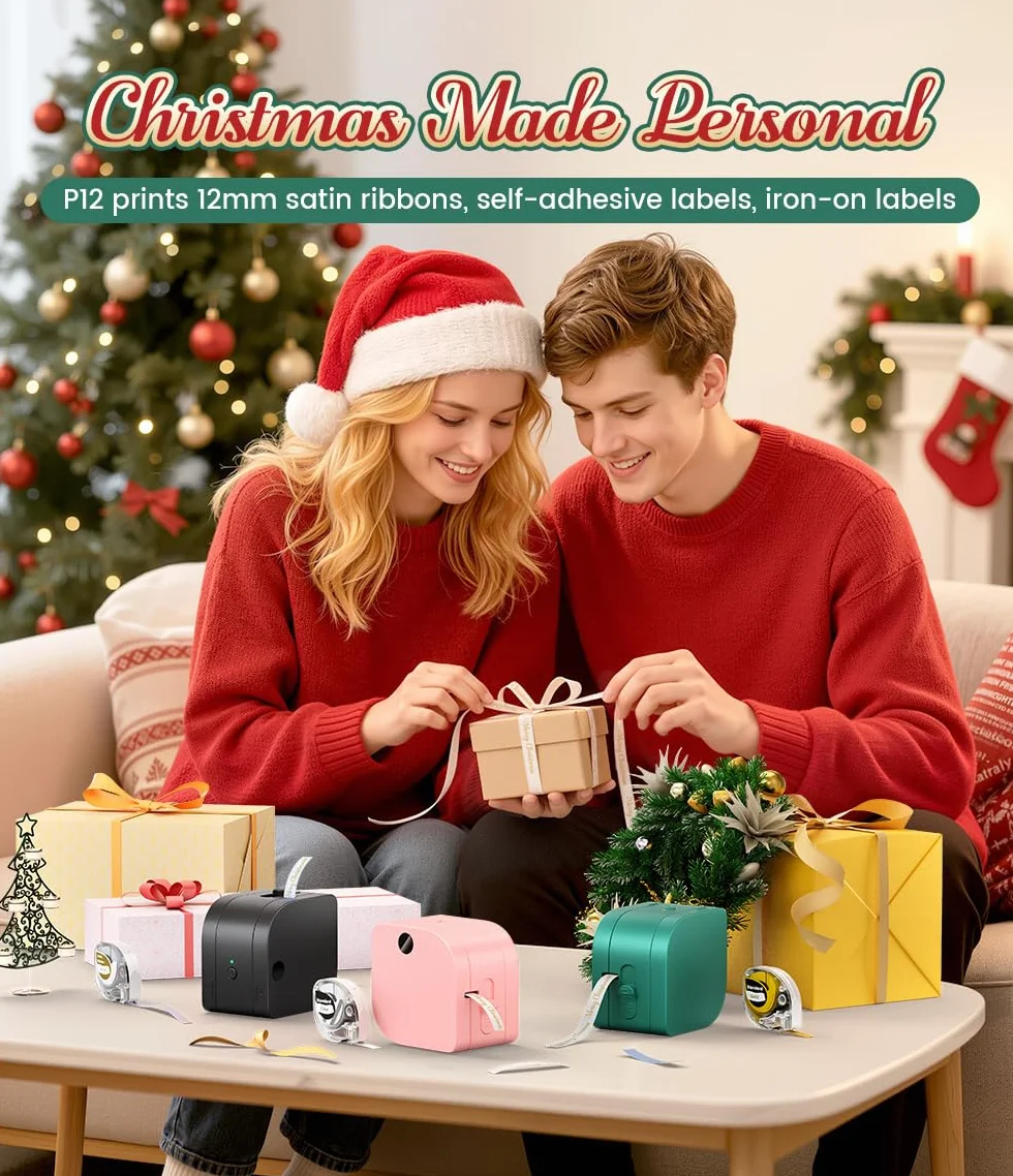 Phomemo P12 Mini Etichettatrice Bluetooth, Stampante Etichette Adesive con nastro, Label Maker che Stampa Etichette Adesive, Etichette per Stoffe e Nastri Satinati per La Casa e Cucina-Rosa
