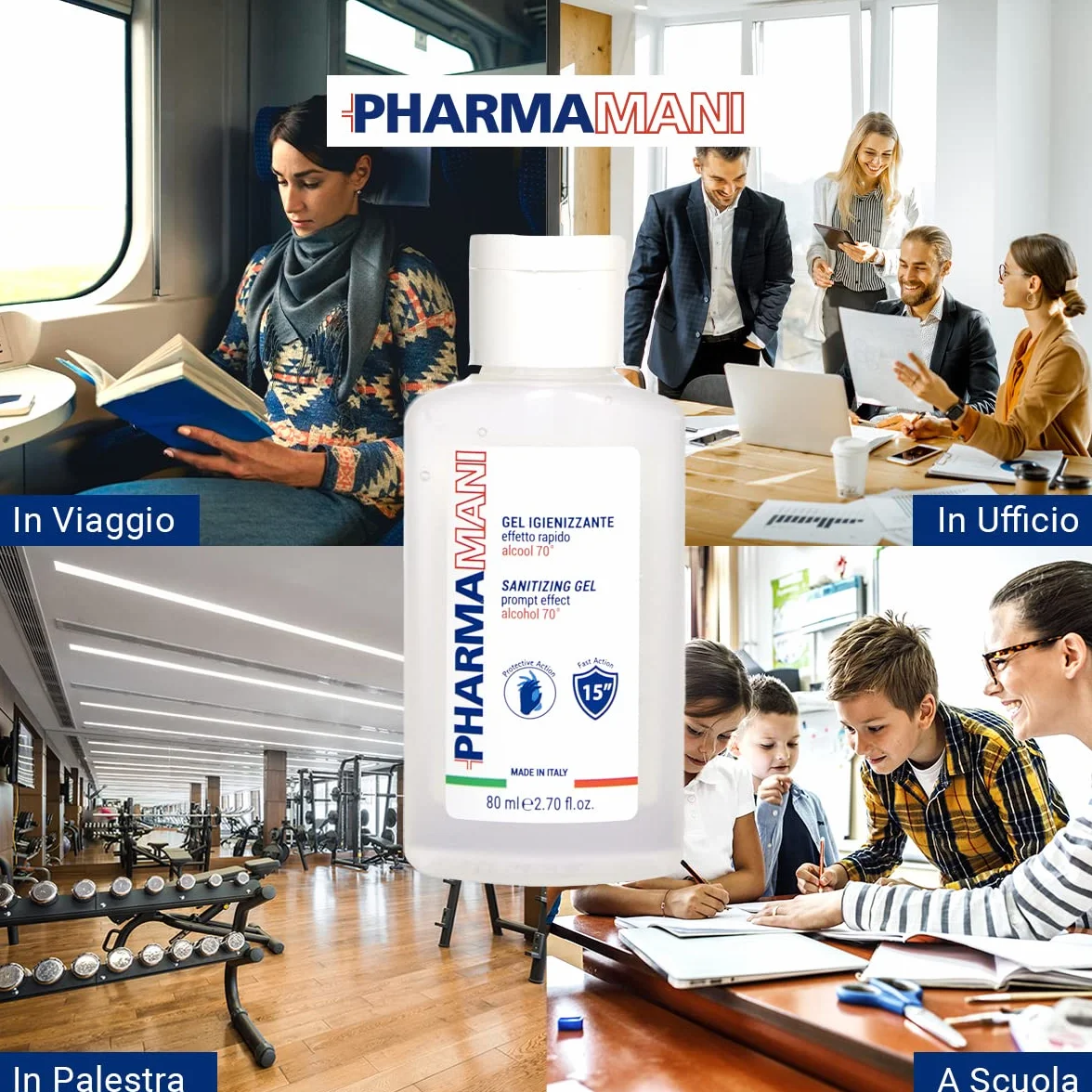 Pharmamani KIT 12 PEZZI GEL IGIENIZZANTE MANI 80 ml 70% Alcool Effetto Rapido Non appiccica