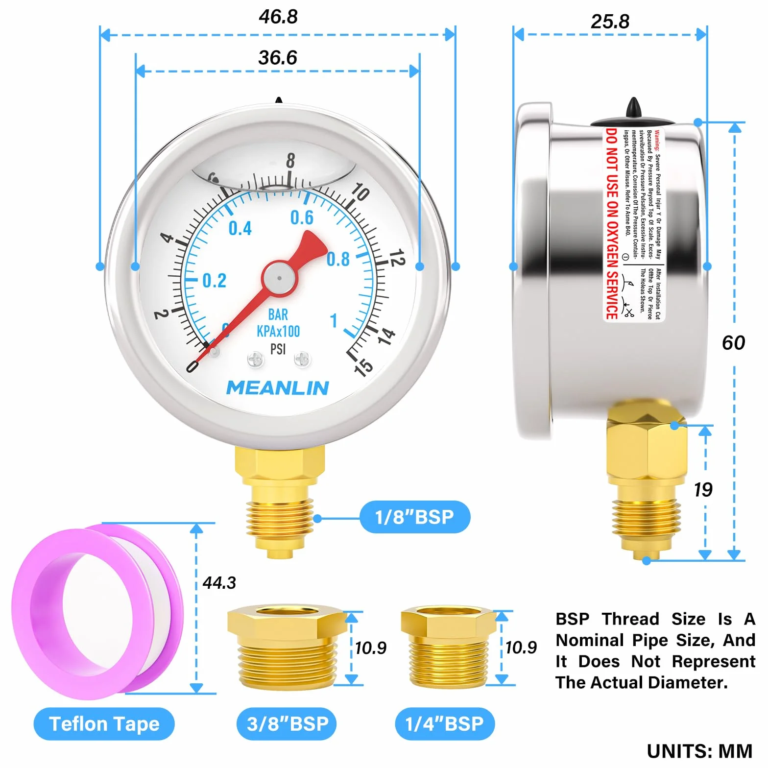 MEANLIN MEASURE 0~1BAR/15PSI Manometro in acciaio inox 1/8" BSP 1.5"FACE DIAL,riempito di glicerina,a liquido,acqua olio aria,montaggio inferiore,con boccola esagonale 1/8" x 1/4"BSP e 1/8" x 3/8"BSP