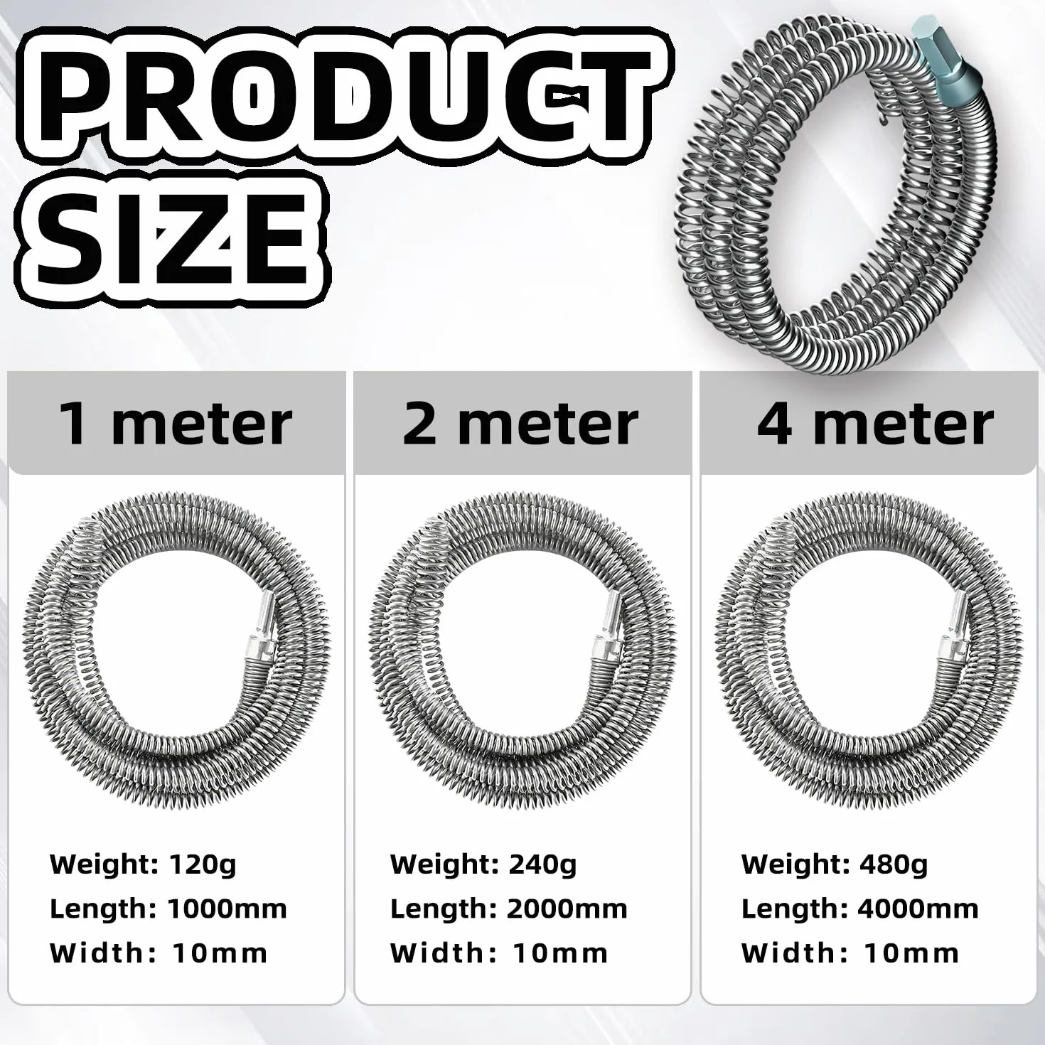 Sonda Sturatubi per Trapano,Kit 3 Pulitori a Spirale per Tubi 10 mm, 1m/2m/4m, Sturatubi Flessibile per Lavandini e WC,per Trapano Adattatore Elettrico Manuale Ostruzioni Ostinate Rimuove Capelli