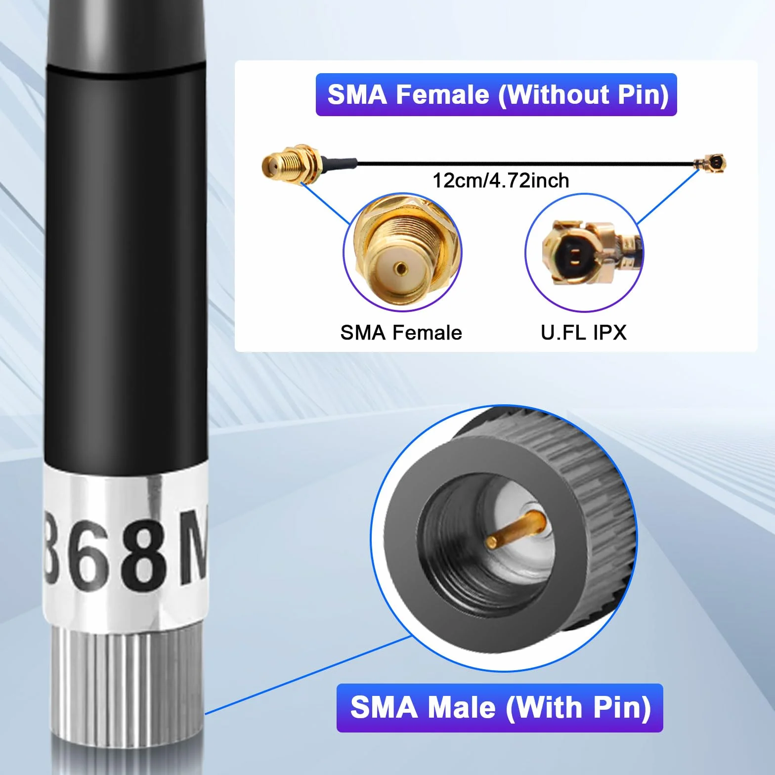 10dBi Gain/868MHz Antenna LoRa per ESP32/LoRa32 V3/LoRa32u4 II, SMA Maschio 195 mm + Cavo da (U.FL IPX) a SMA Femmina per Meshtastic LoRa Long Range Soft Whip-Antenne (2 pezzi)